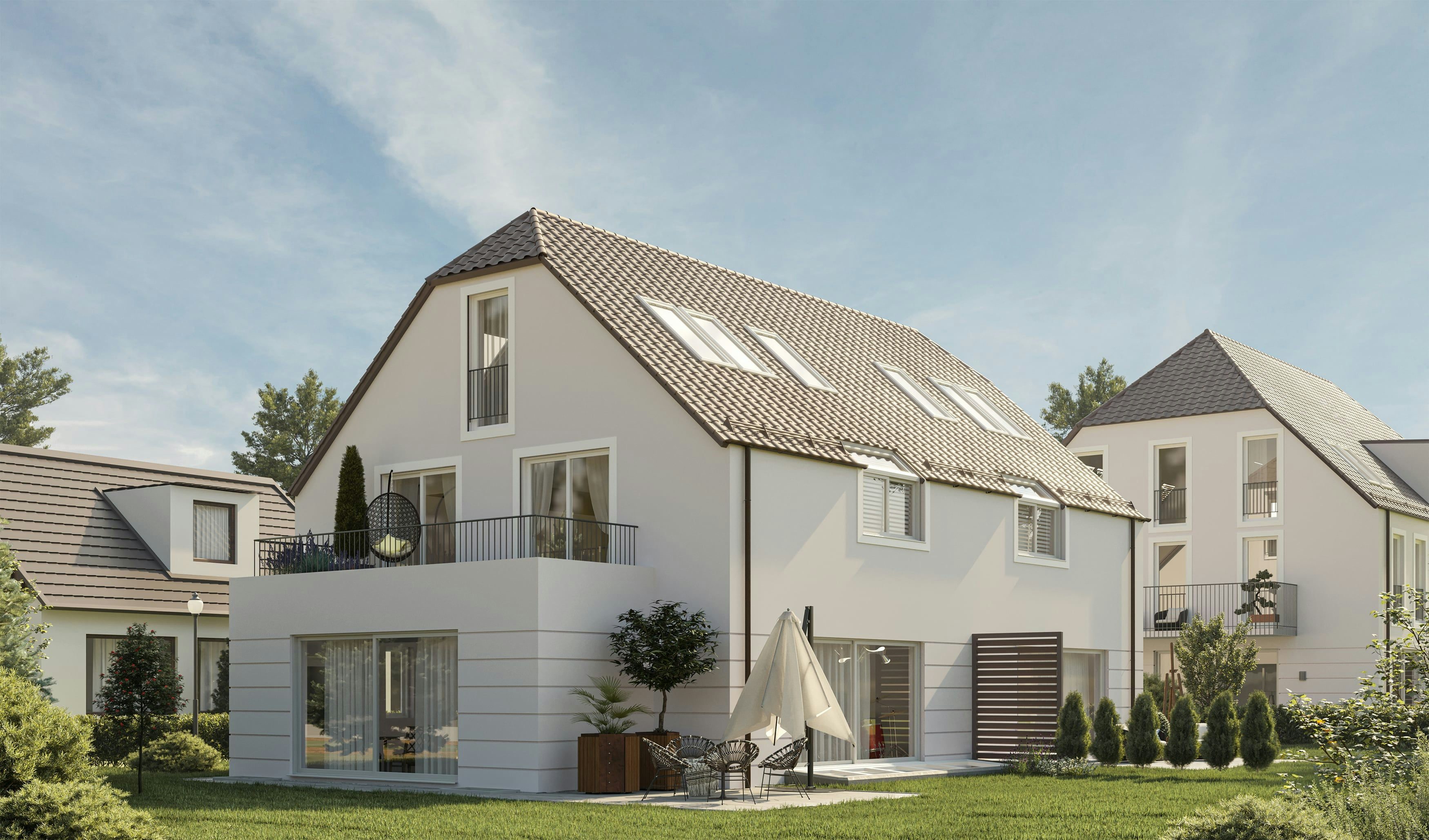 3D Außenvisualisierung einer Mehrfamilienhausgruppe mit Terrassen im Raum München, Deutschland