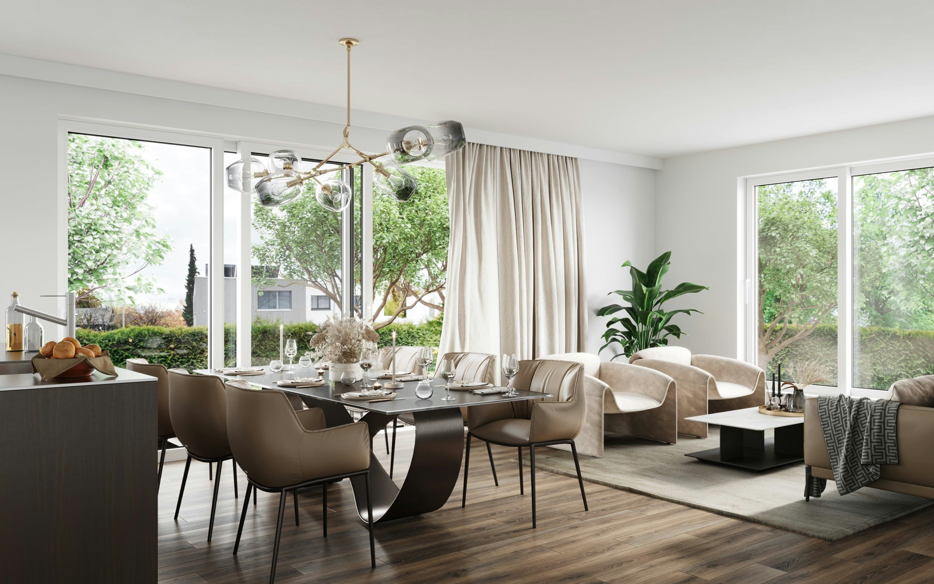 3D Innenvisualisierung des Wohnzimmers mit Esszimmer und Küche in München, Deutschland