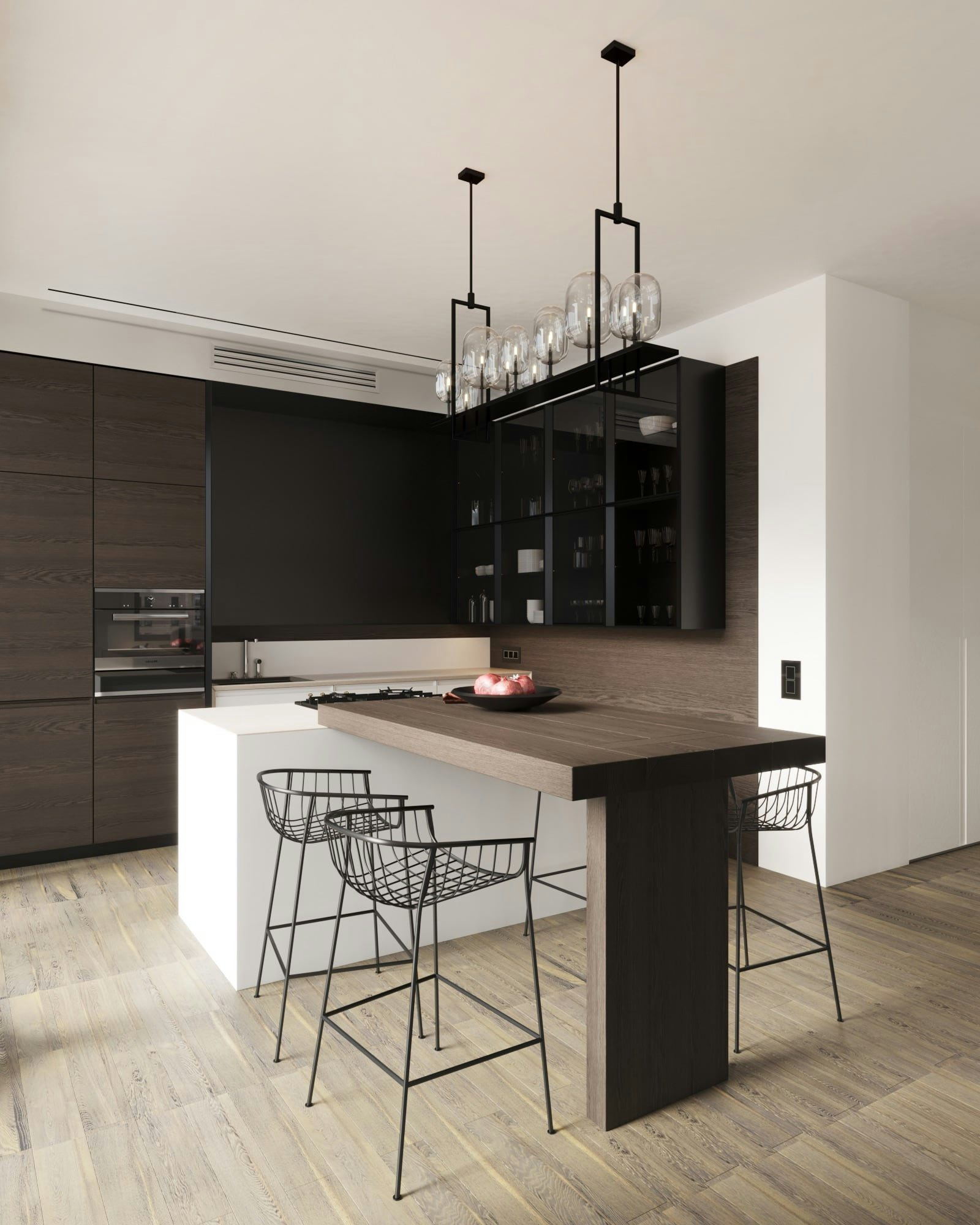 3D architectural visualization of kitchen space in a minimalistic apartment in Berlin