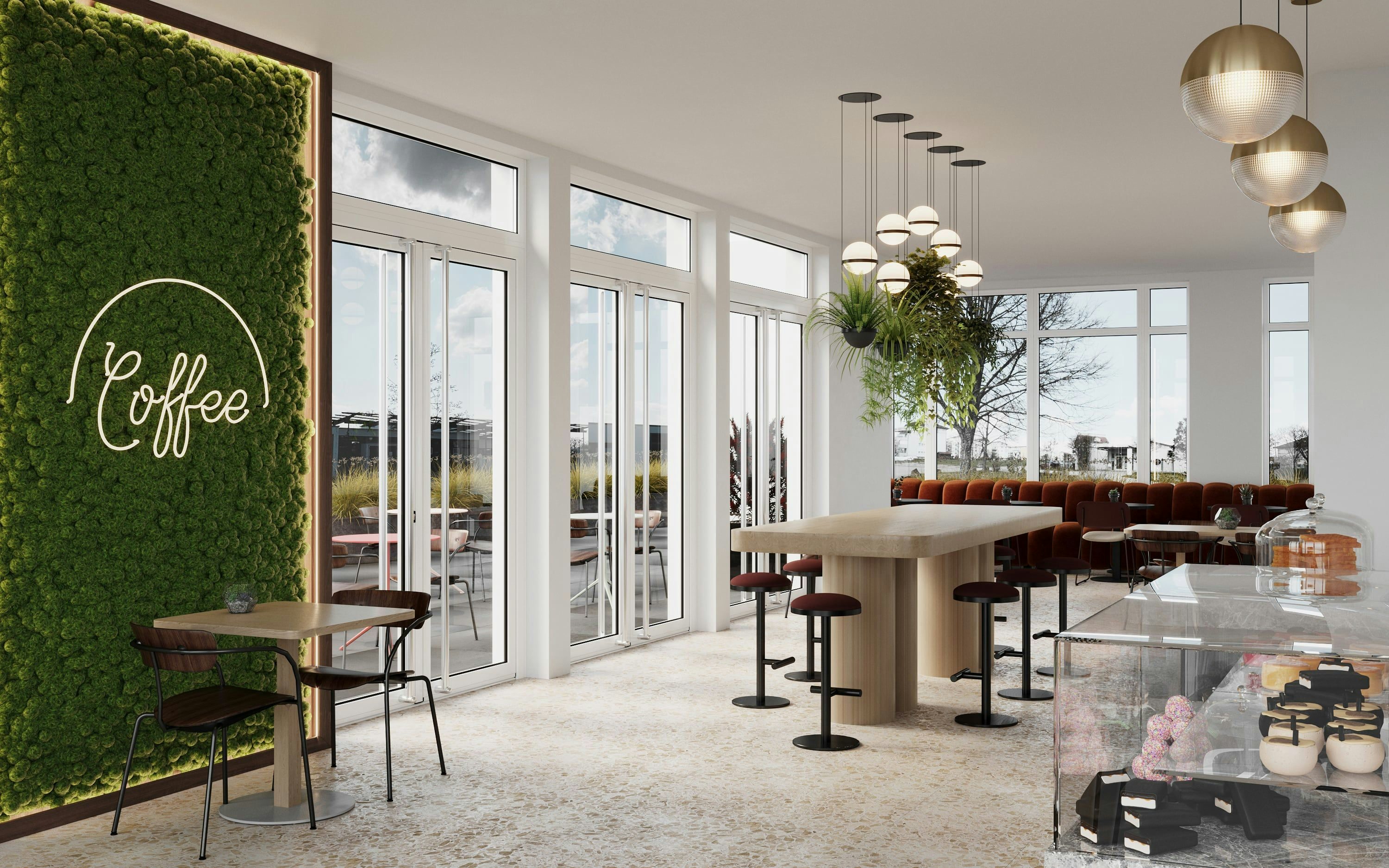 3D Visualisierung eines Coffee shop / Cafés mit Terrasse in einem neuen Mehrfamilienhaus in Künzelsau, Deutschland
