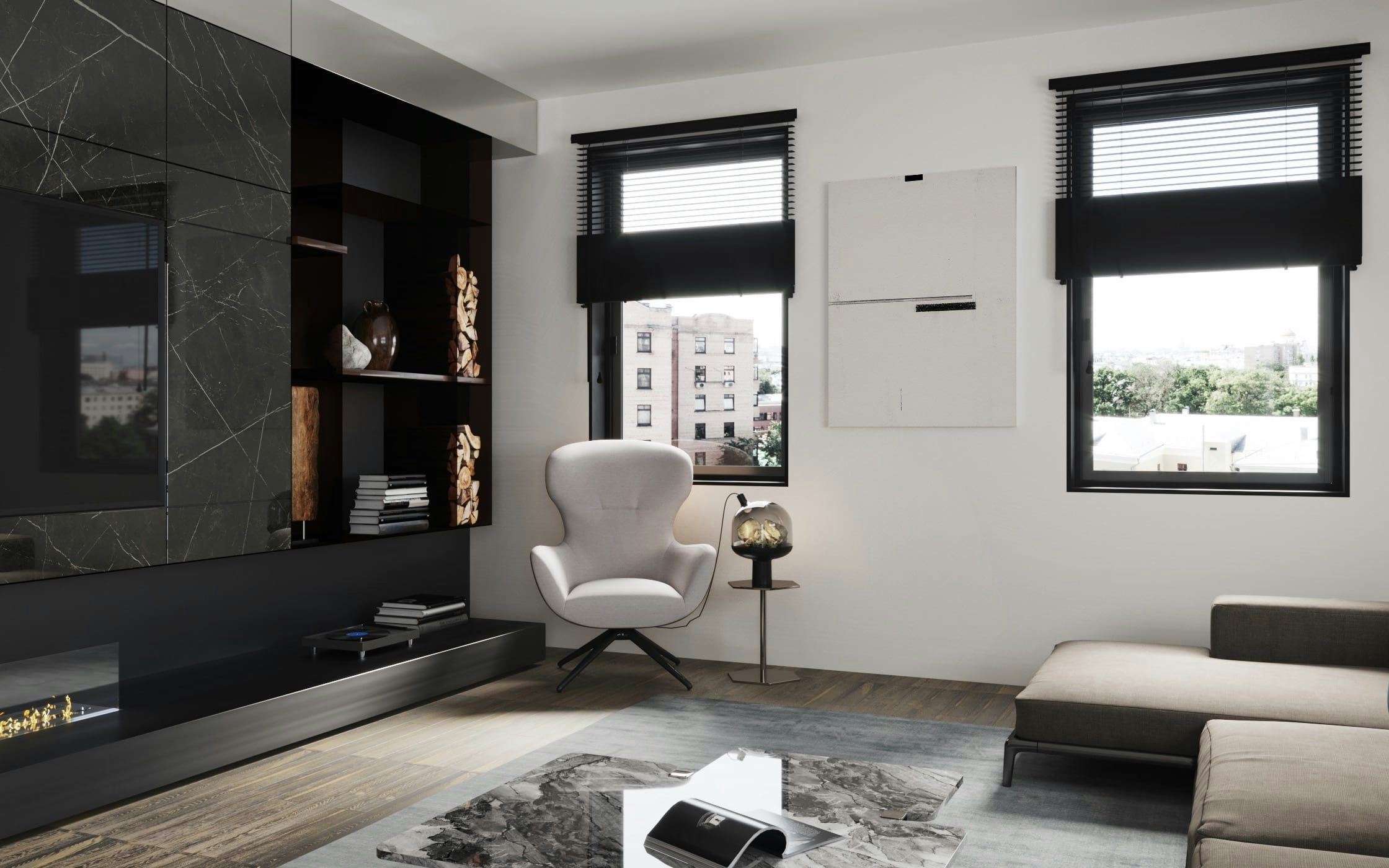 3D Interior Visaulization of minimalistic living room in Berlin apartment