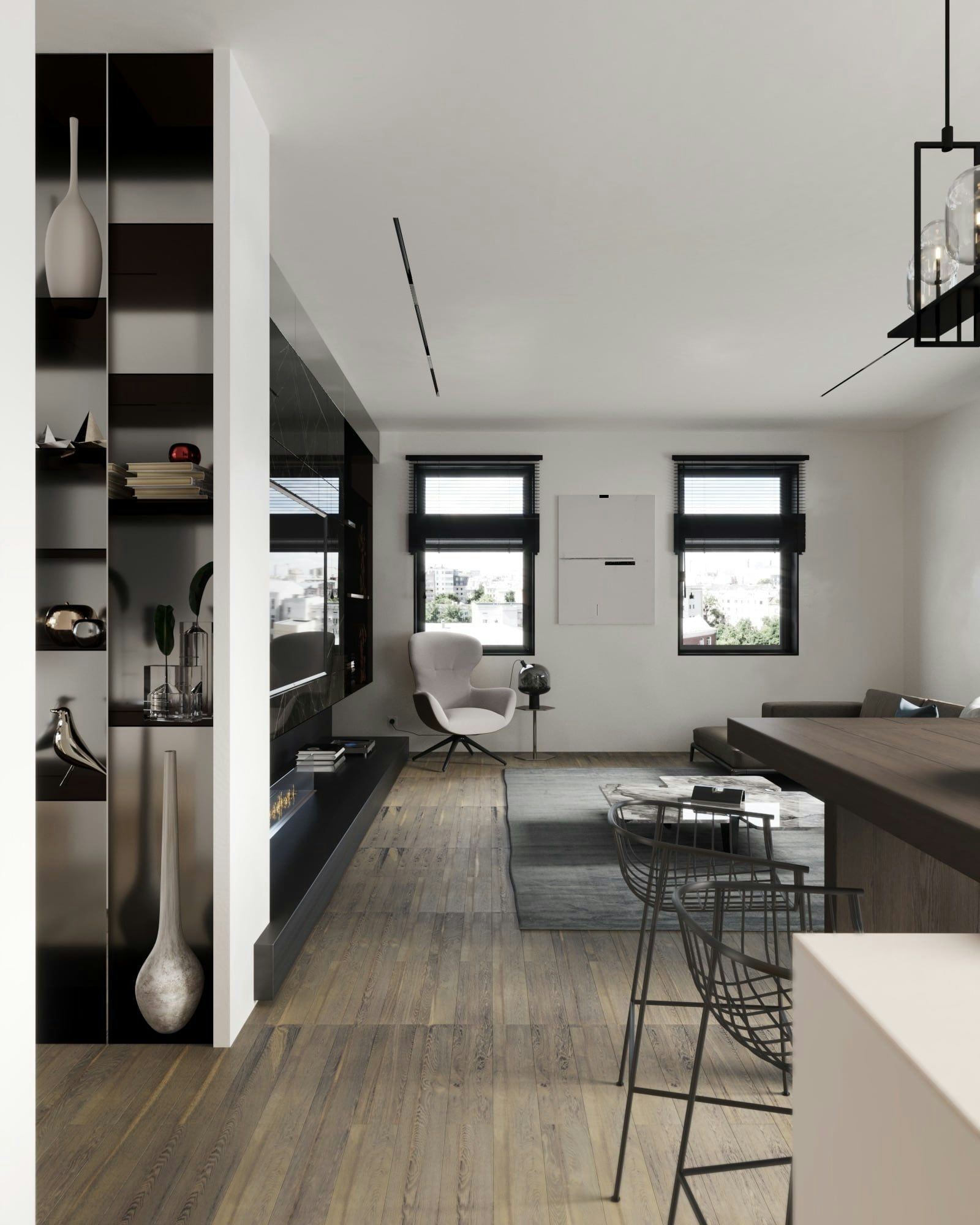 3D Interior Architectural visualization of living space in a minimalistic modern apartment in Berlin