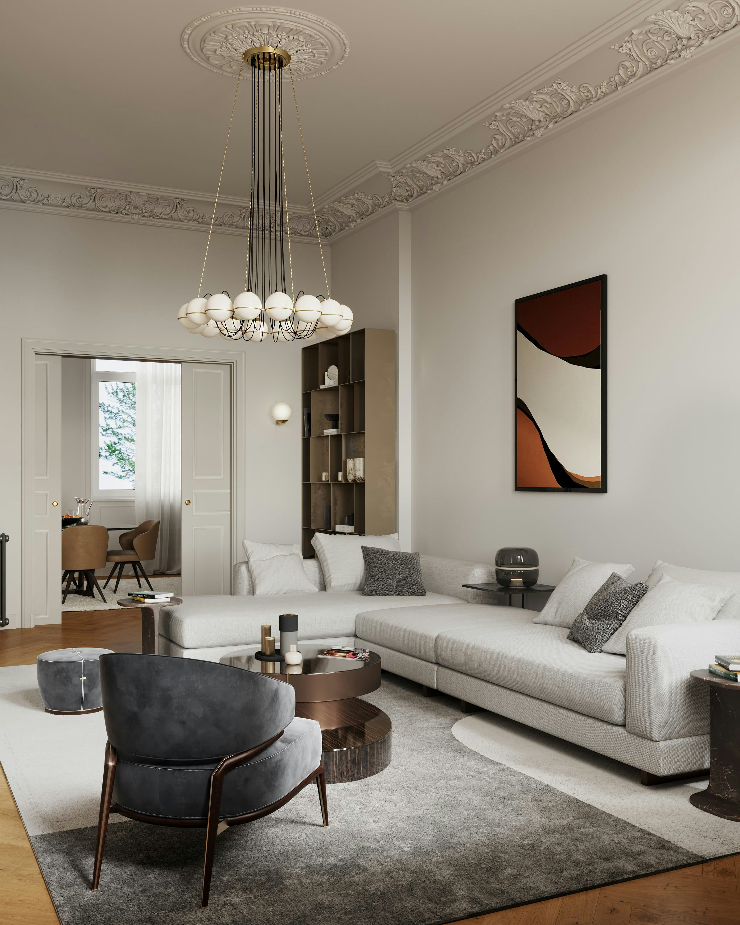 3D Architektur Innenvisualisierung des Wohnzimmers mit Blick auf das Esszimmer in einer renovierten historischen Wohnung in der Fliederstraße, Hamburg