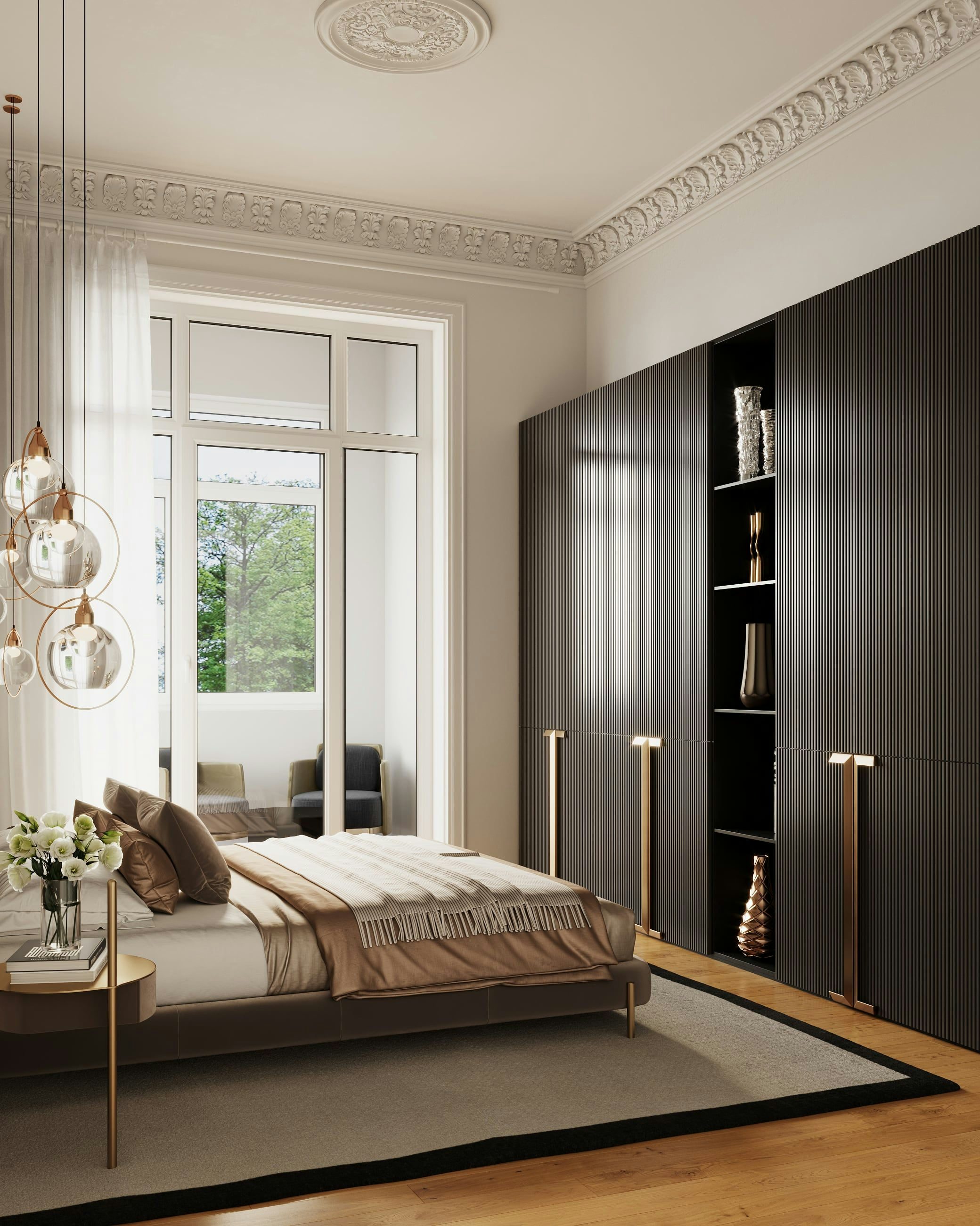 3D Innen Visualisierung des Hauptschlafzimmers in einer renovierten historischen Wohnung in der Fliederstraße, Hamburg