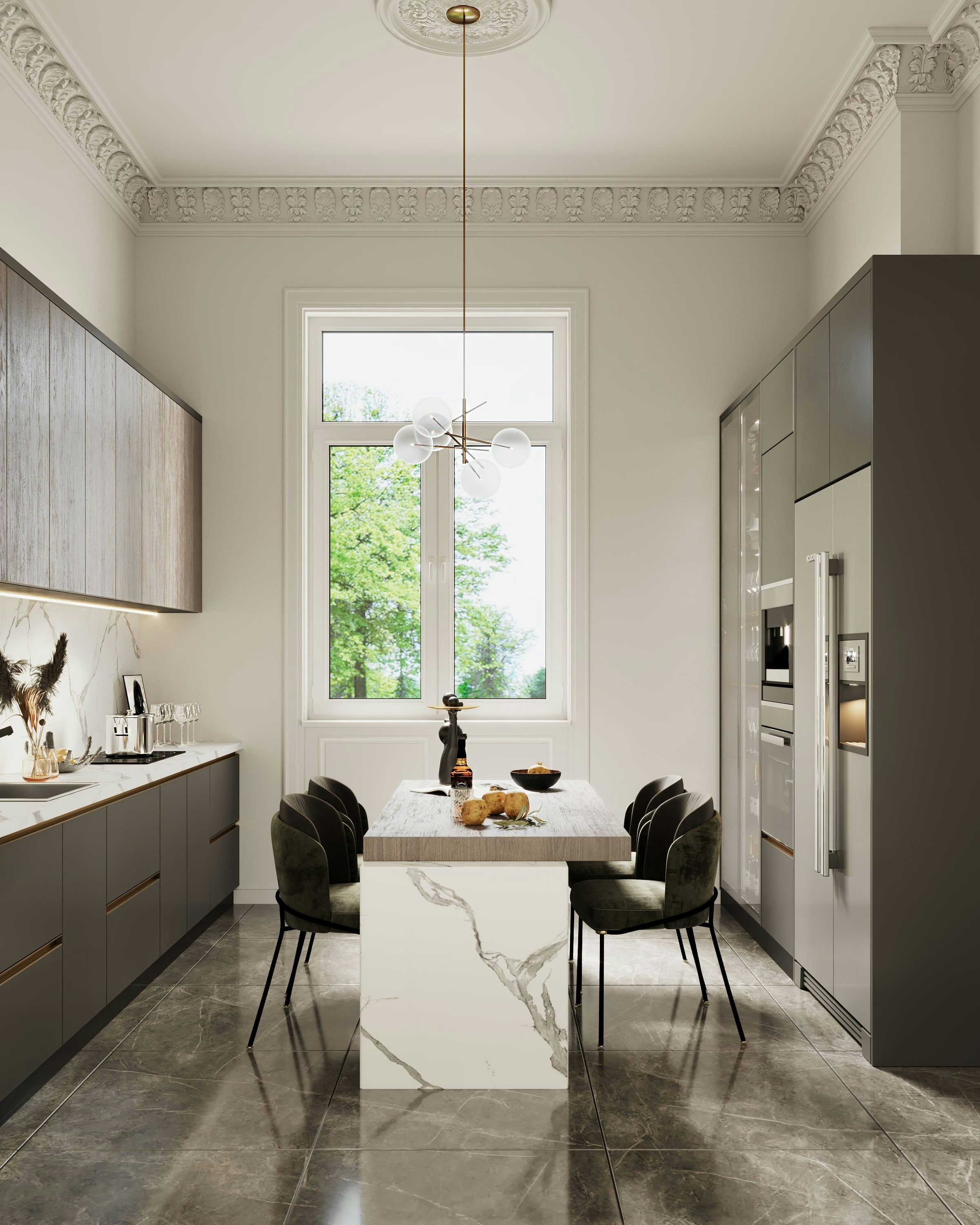 3D Innenvisualisierung der Küche mit Kücheninsel in einer renovierten historischen Wohnung in der Fliederstraße, Hamburg