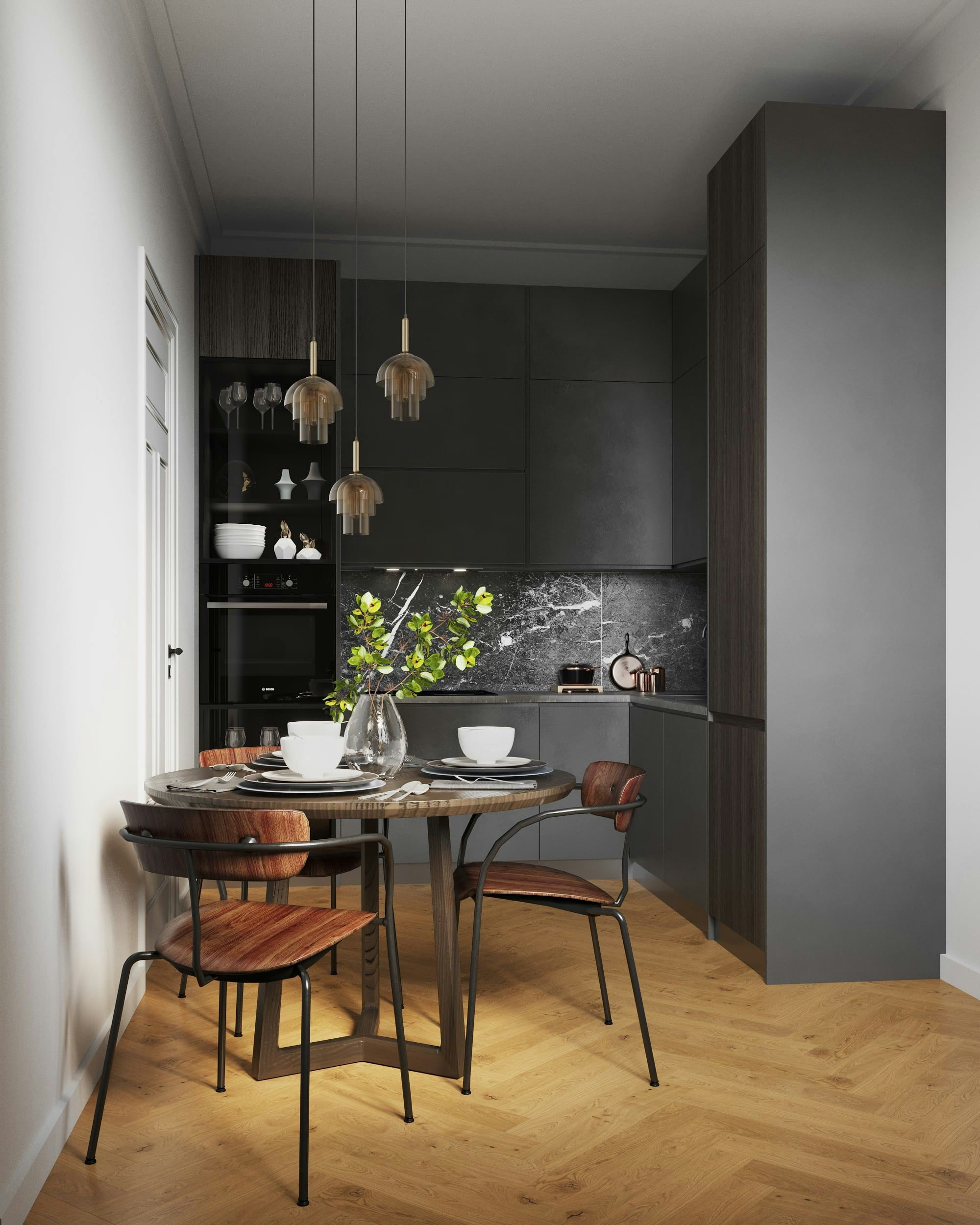 3D Architekturvisualisierung einer Küche mit Essbereich in einer kleinen Wohnung in der Hindenburgstraße Erlangen, Deutschland