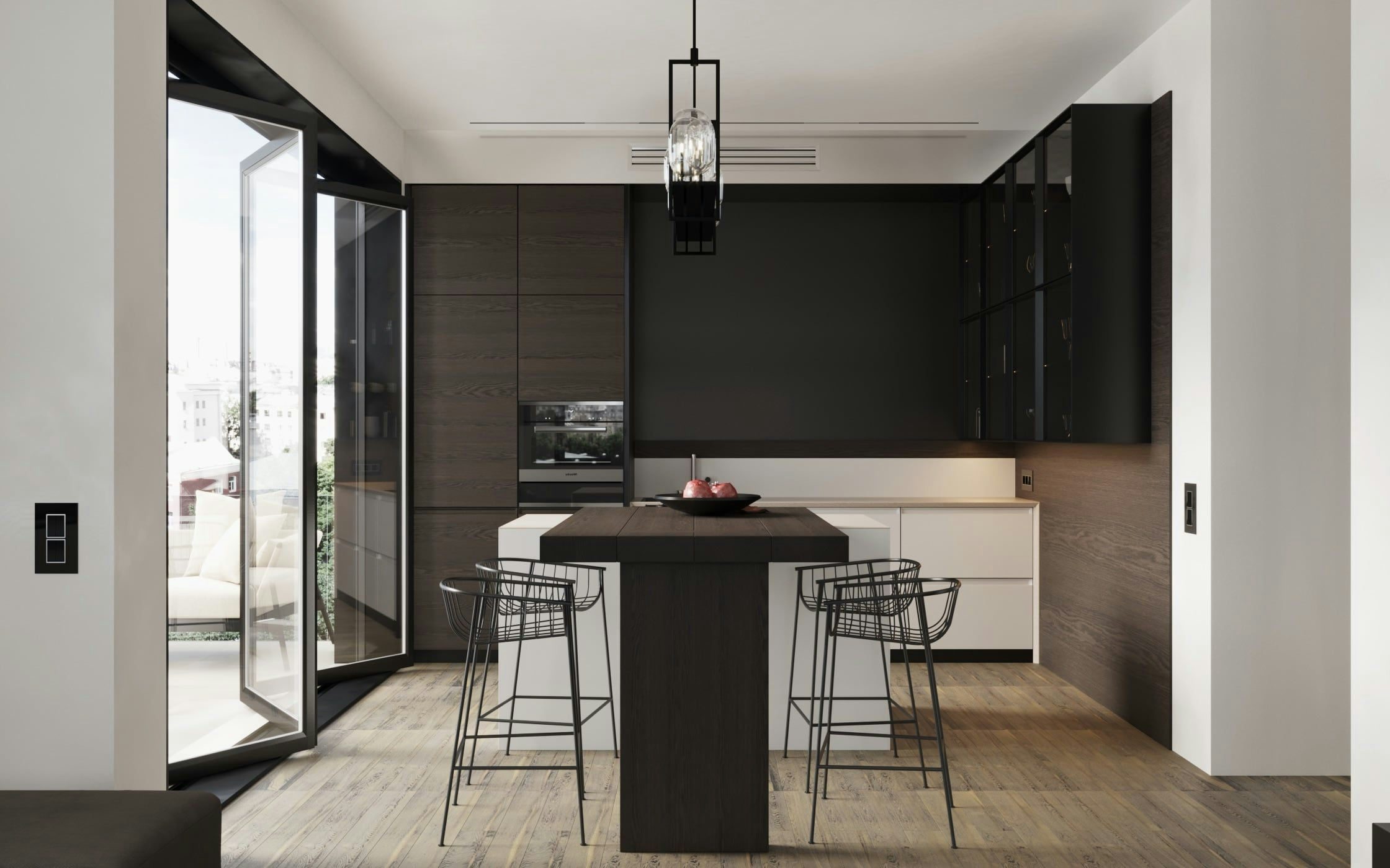 3D Interior design visualization of kitchen with a cooking island in modern apartment in Berlin