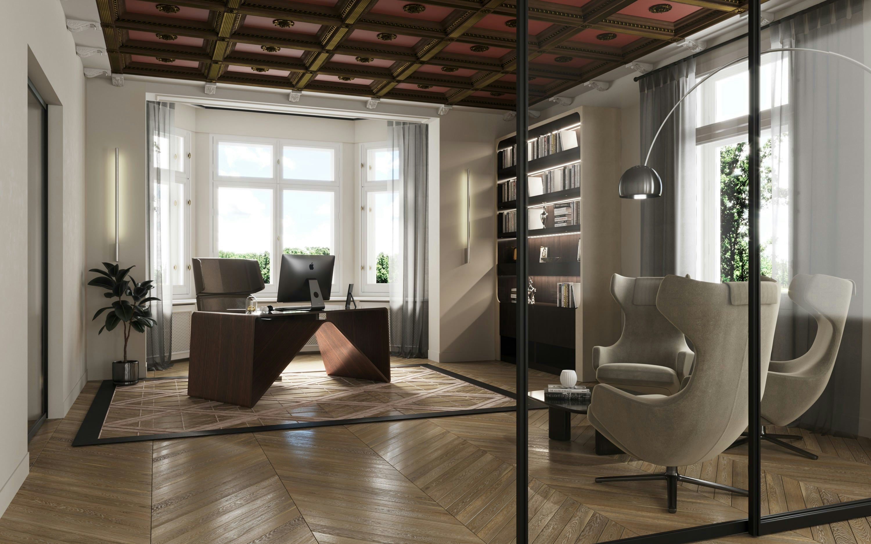 3D Visualization of working space in renovated old built villa in Berlin Wannsee, Germany