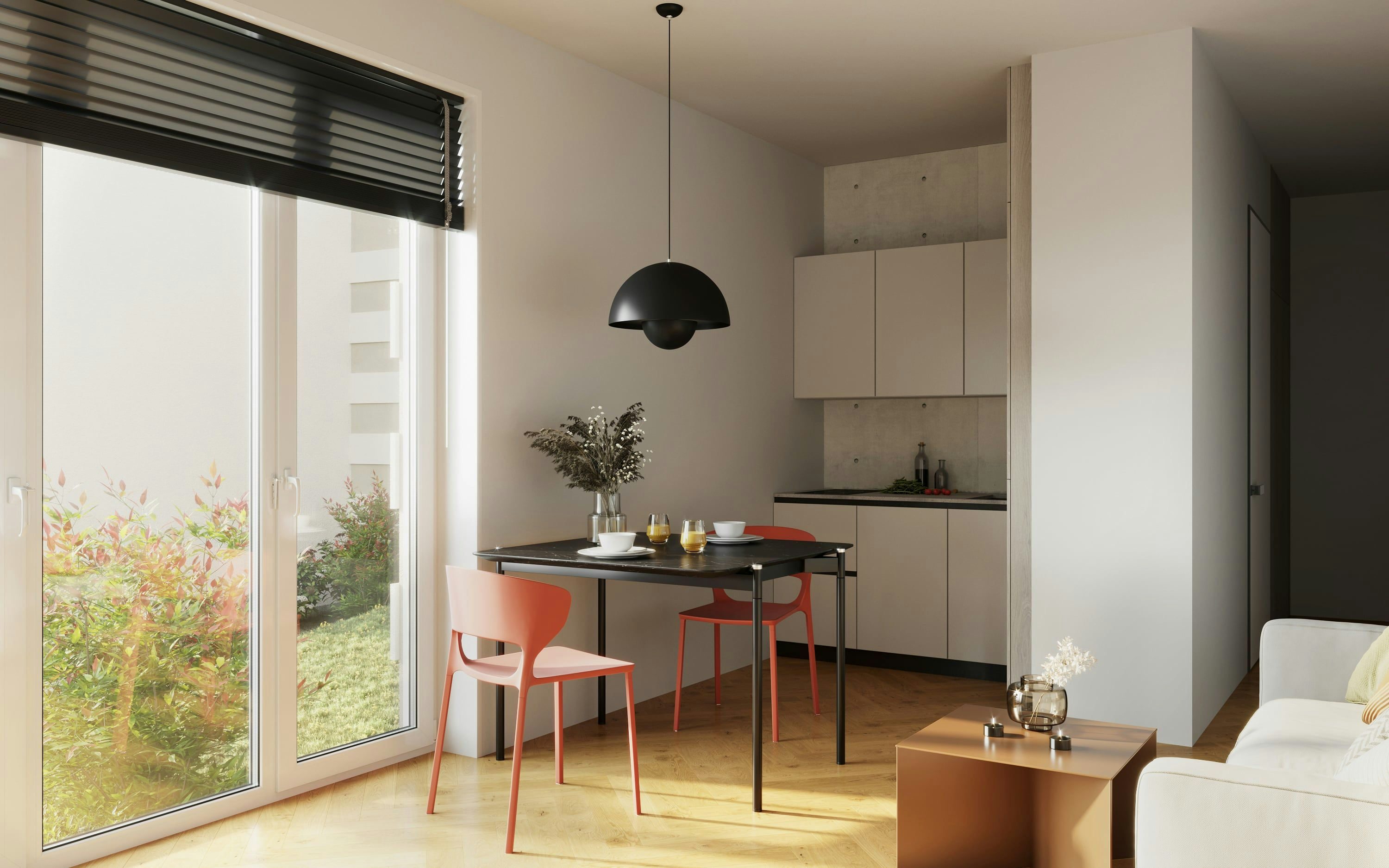 3D Innenvisualisierung einer Küche mit Essbereich und Wohnbereich in einer kleinen Wohnung in der Hindenburgstraße Erlangen, Deutschland