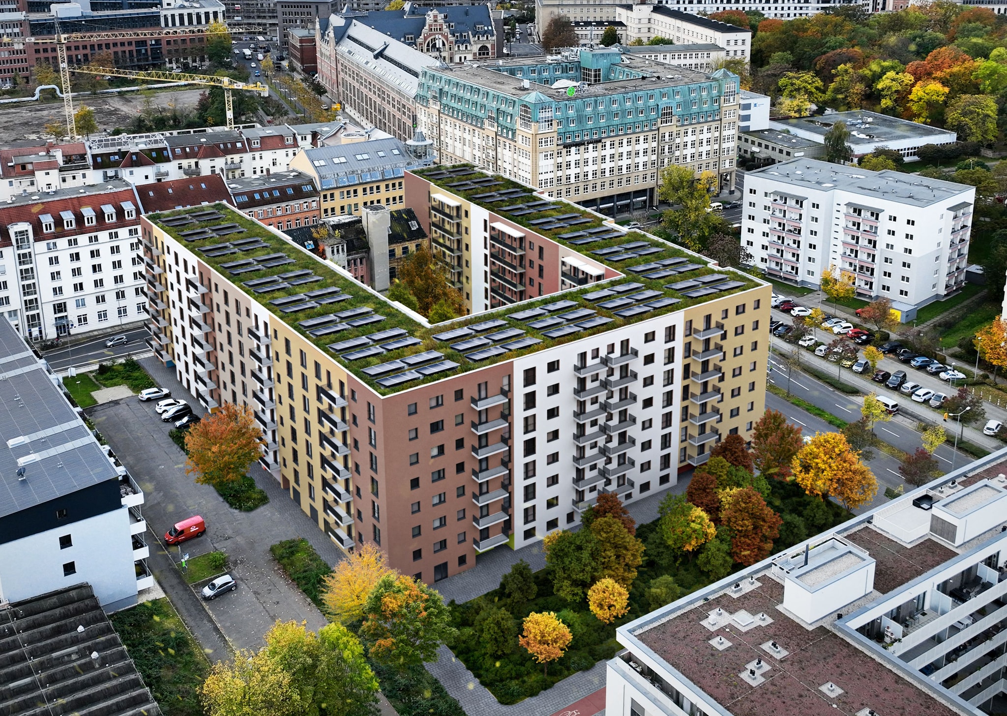 3D Architectural Visualization of a multi family house complex with a backyard in Leipzig Germany