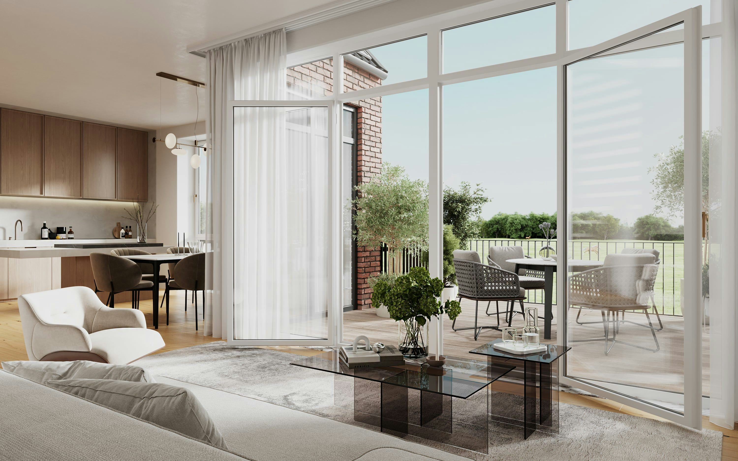 3D Interior Visualization Living room with kitchen and balcony Hamburg Germany