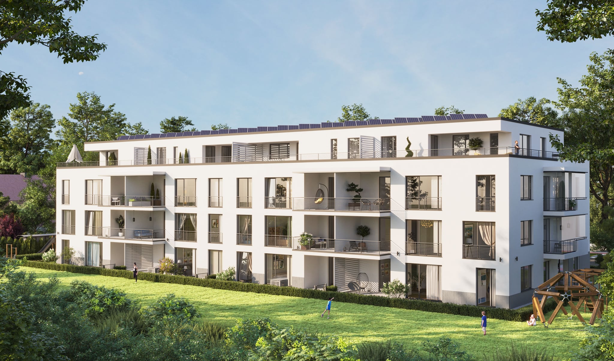 3D Exterior Architectural Visualization of multi family house with garden and kids playground in Frohmestraße Hamburg Germany 3D Exterior Architectural Visualization of multi family house with garden and kids playground in Frohmestraße Hamburg Germany