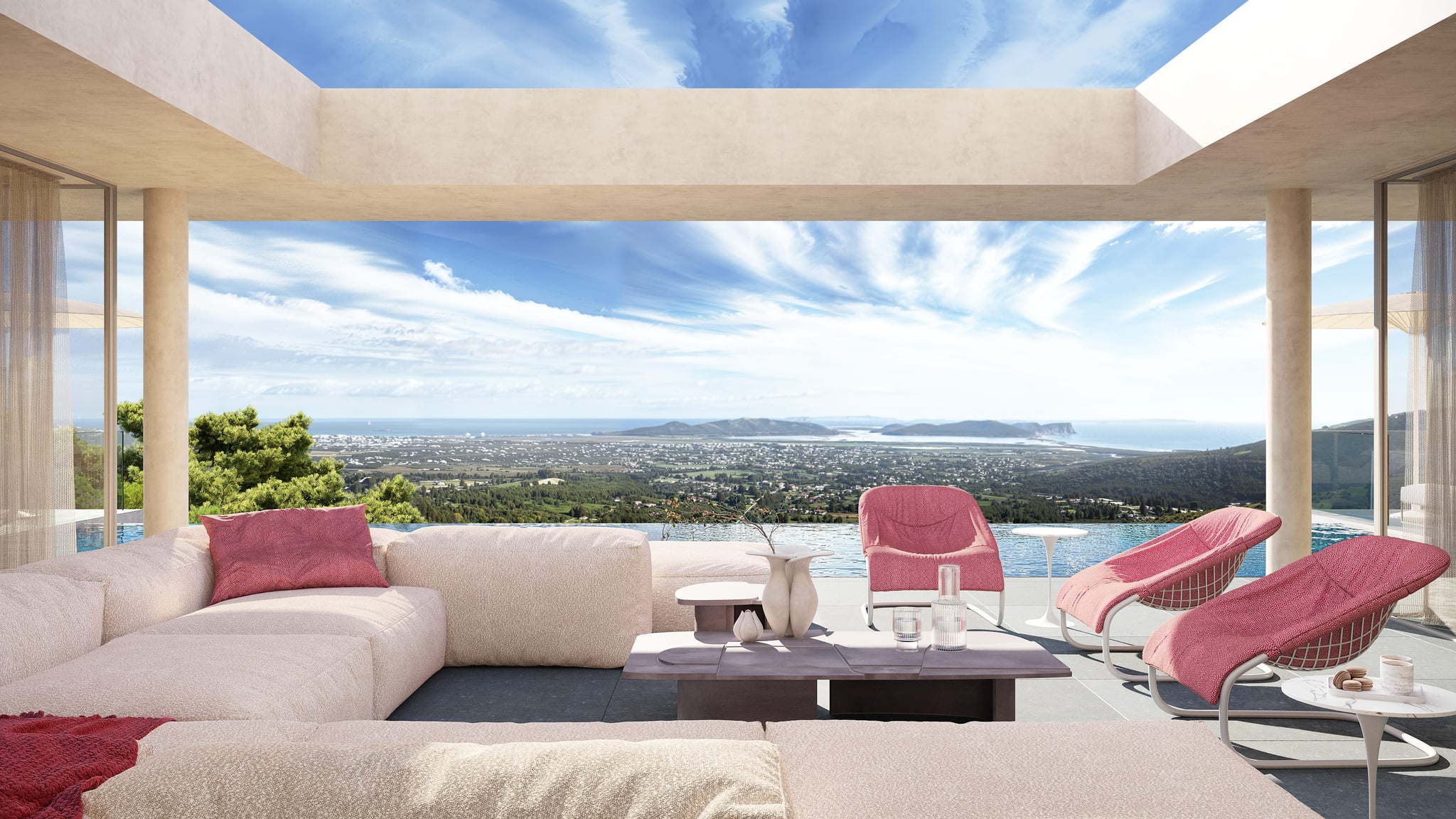 A photorealistic interior 3D visualization of the CanKoi villa's living space with elegant furnishings and panoramic views. A photorealistic interior 3D visualization of the CanKoi villa's living space with elegant furnishings and panoramic views.