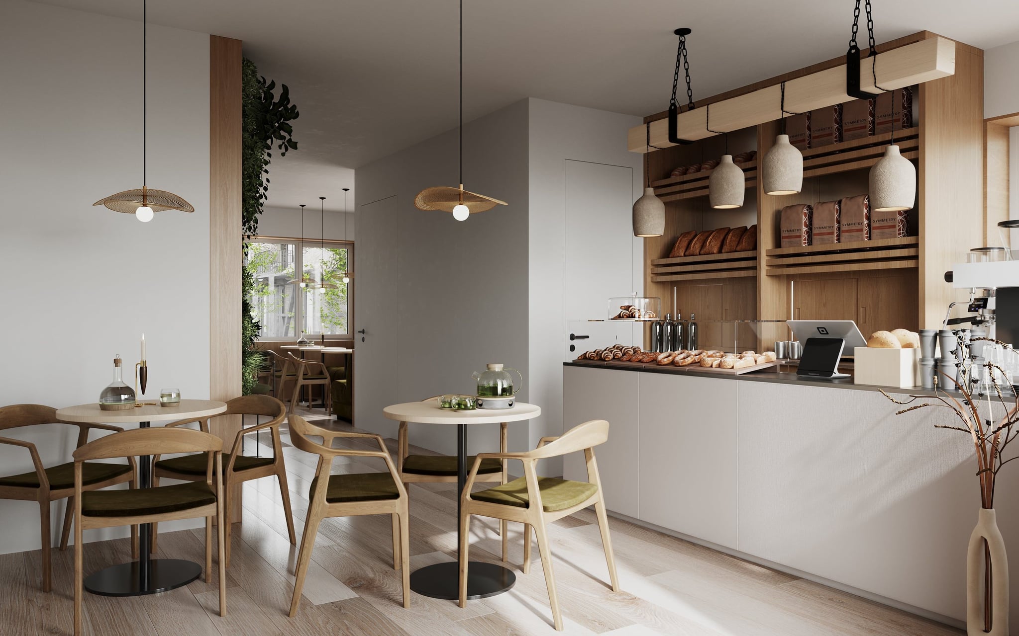 3D Interior Rendering of local cafe in eco apartment complex in Rügen, Germany 3D Interior Rendering of local cafe in eco apartment complex in Rügen, Germany