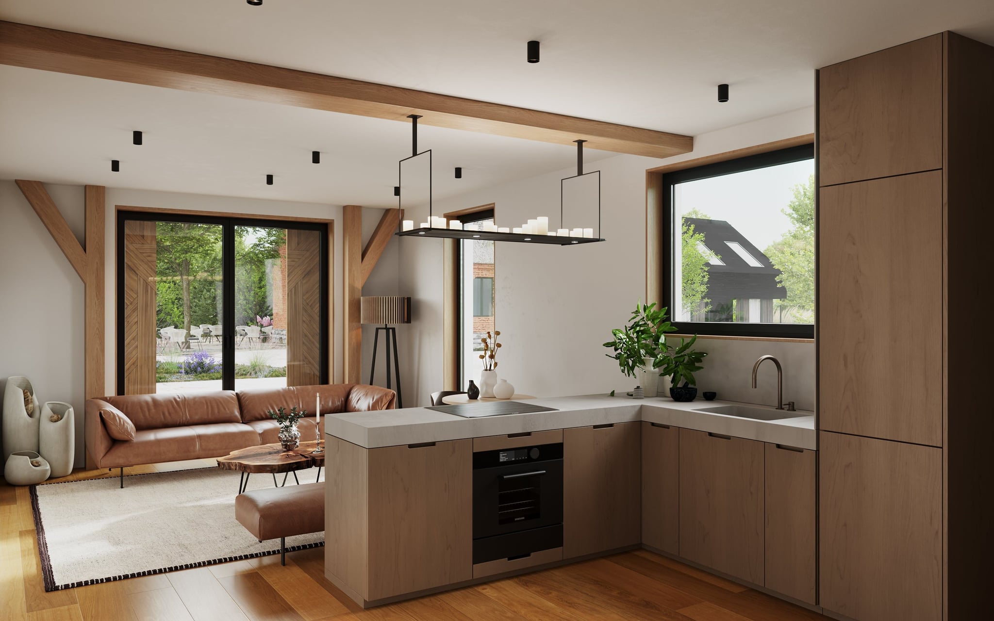 3D Interior Visualization of living room with kitchen in eco apartment in Rügen, Germany 3D Interior Visualization of living room with kitchen in eco apartment in Rügen, Germany