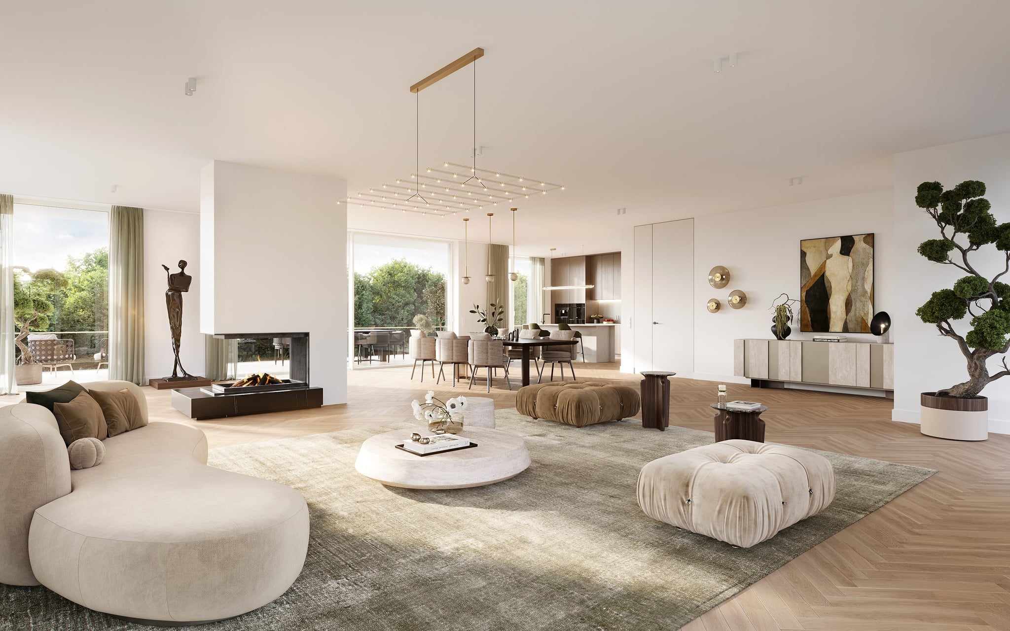 Wohnbereich mit langem Sofa, Couchtisch und Ausblick auf den begrünten Außenraum. Wohnbereich mit langem Sofa, Couchtisch und Ausblick auf den begrünten Außenraum.