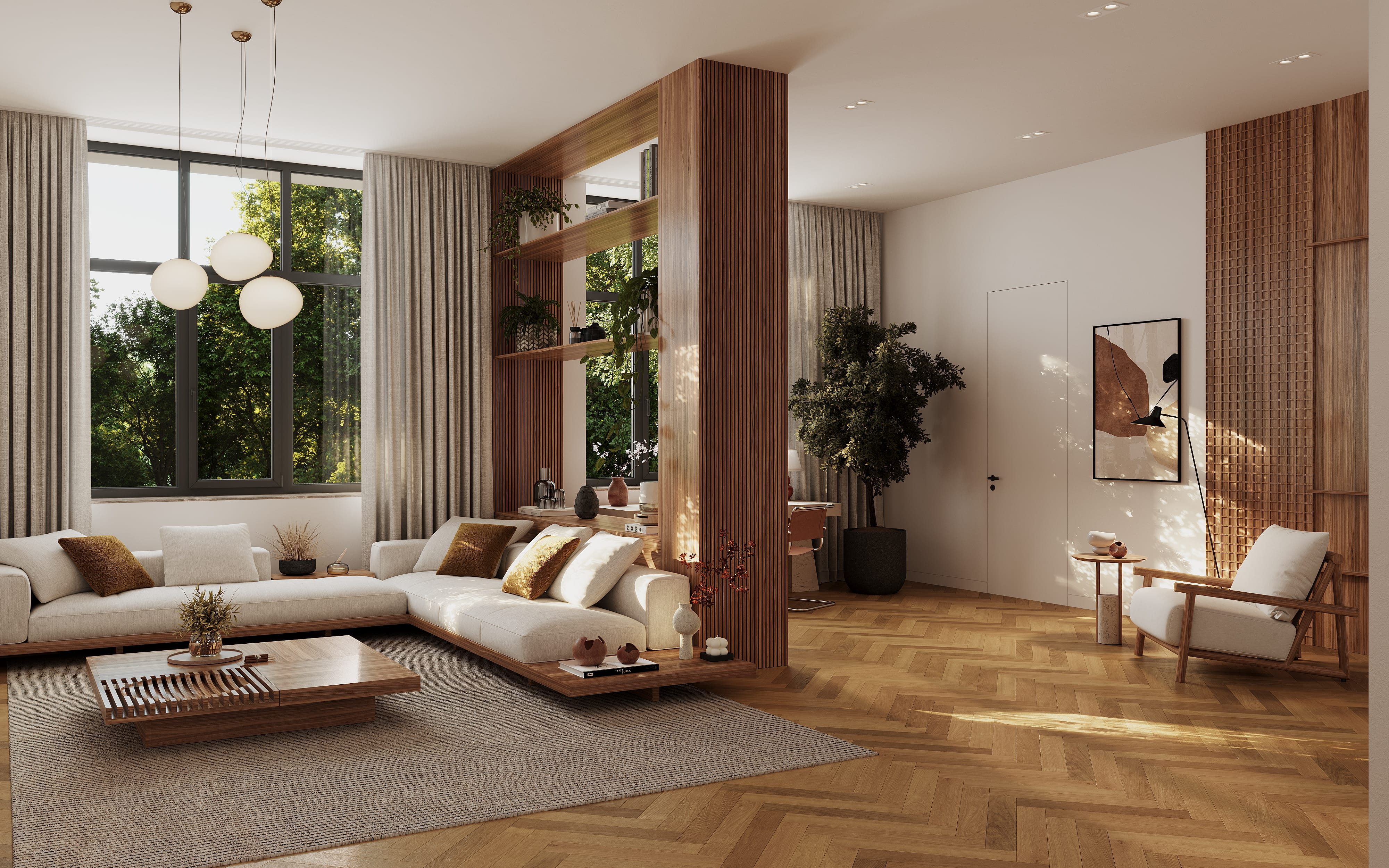 3D rendering of a living room interior in the Kreuzgasse multifamily housing project, featuring modern furnishings and large windows with natural light. 3D rendering of a living room interior in the Kreuzgasse multifamily housing project, featuring modern furnishings and large windows with natural light.