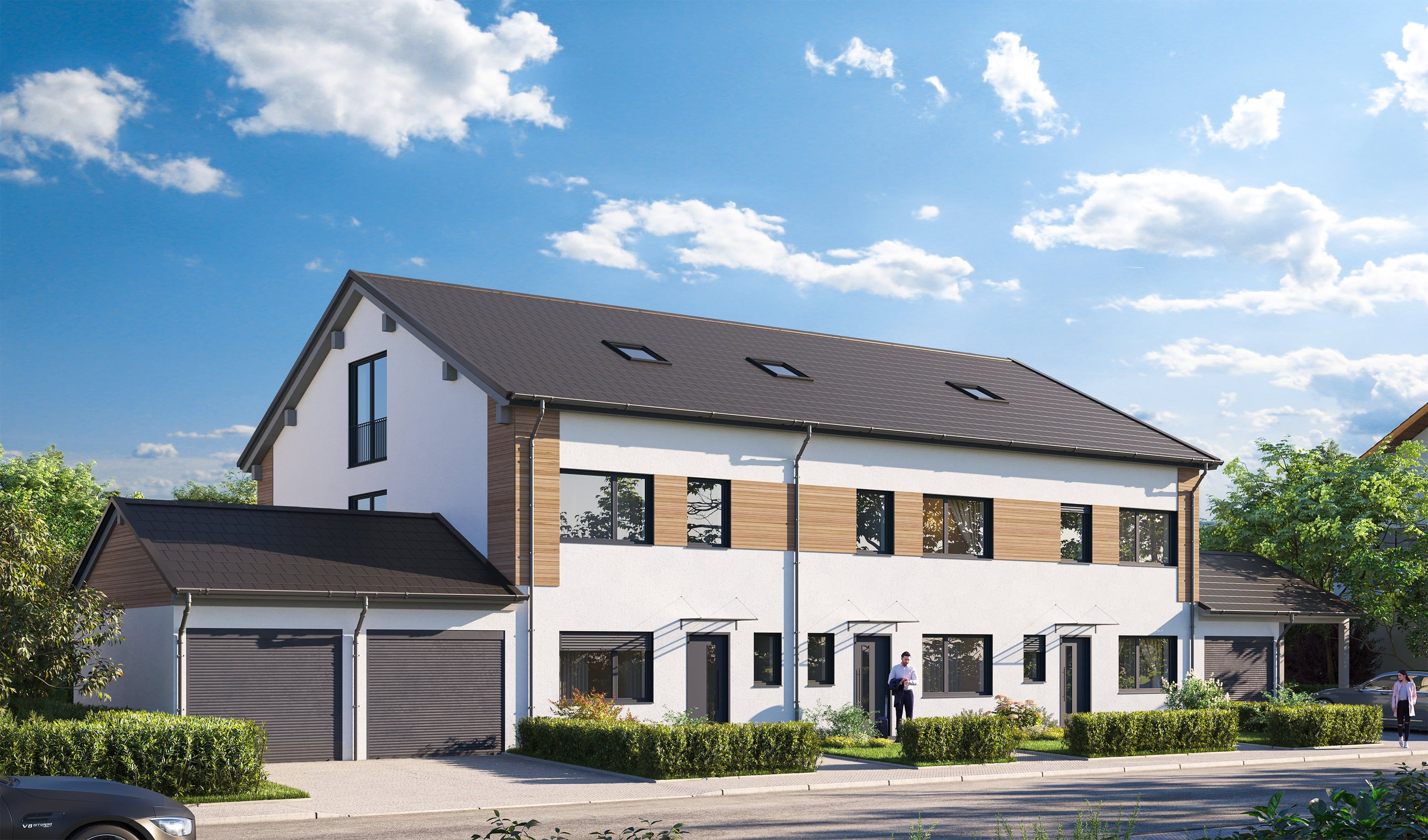 3D Exterior Visualization of the townhouse with private garages in Bahnstrasse Munich Germany 3D Exterior Visualization of the townhouse with private garages in Bahnstrasse Munich Germany