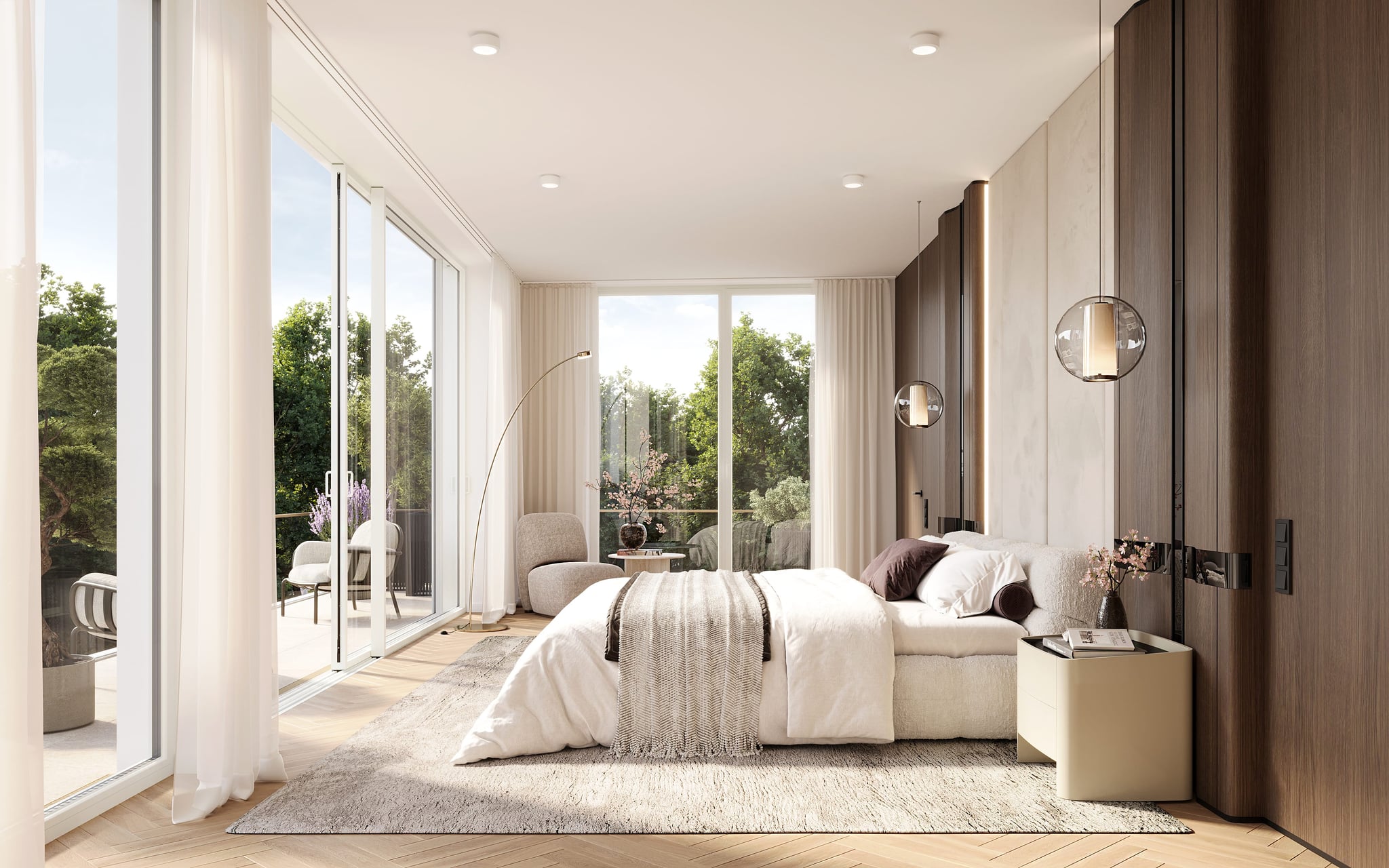 Ruhiges Schlafzimmer mit bodentiefen Fenstern, textilen Akzenten und Blick ins Grün. Ruhiges Schlafzimmer mit bodentiefen Fenstern, textilen Akzenten und Blick ins Grün.