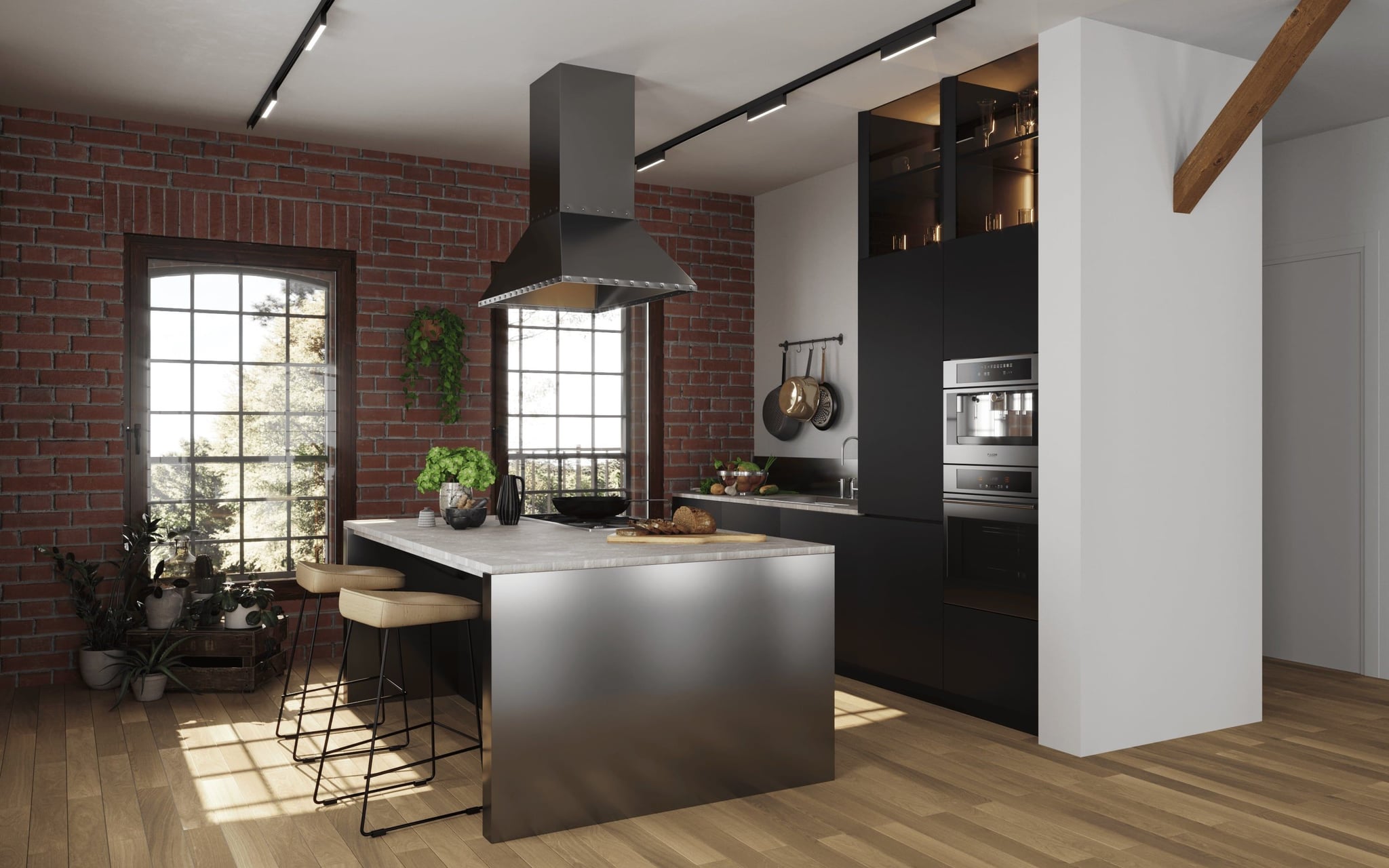 3D Interior Visualization of kitchen with cooking island in renovated historical property in loft style, Germany 3D Interior Visualization of kitchen with cooking island in renovated historical property in loft style, Germany