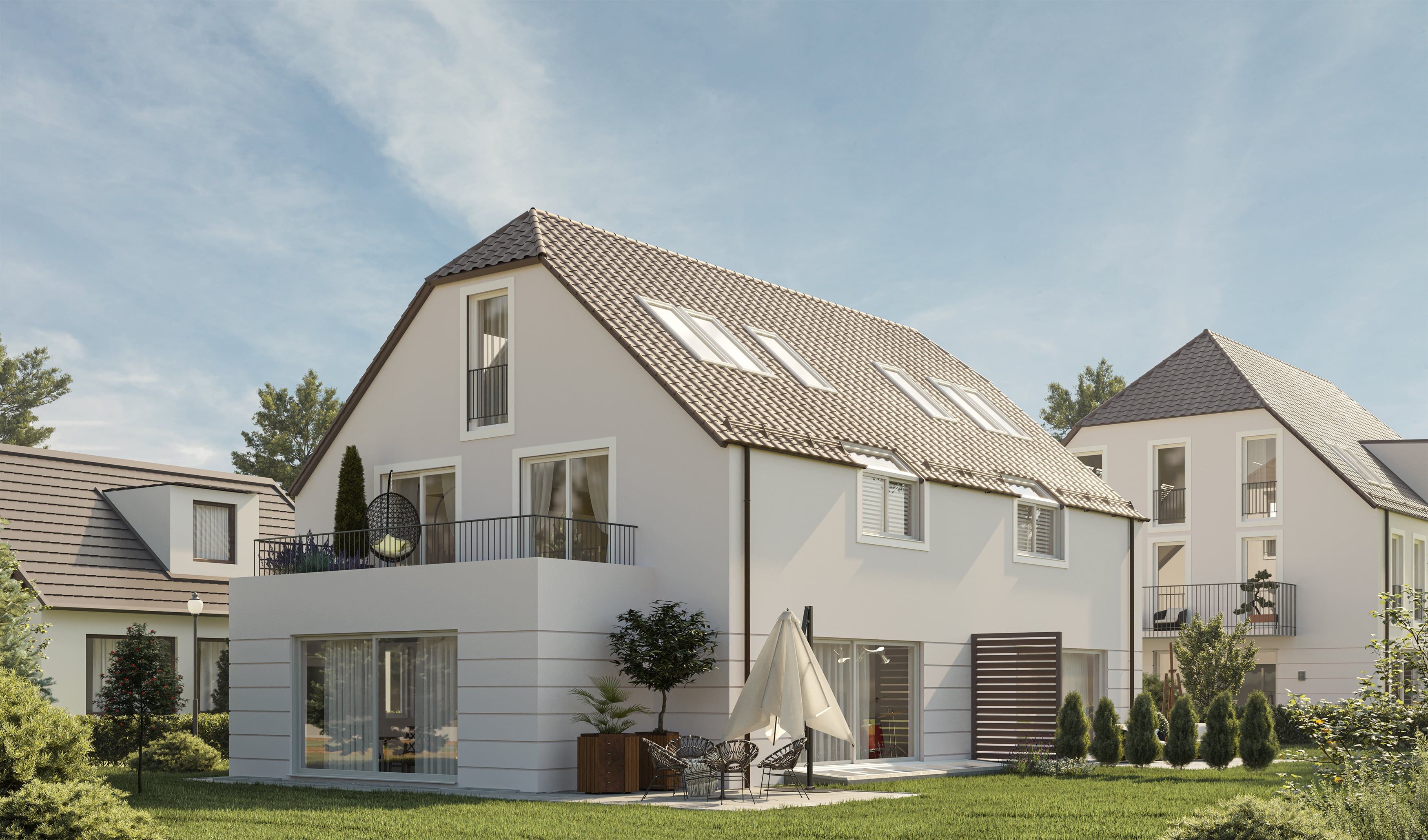 3D Außenvisualisierung einer Mehrfamilienhausgruppe mit Terrassen im Raum München, Deutschland 3D Außenvisualisierung einer Mehrfamilienhausgruppe mit Terrassen im Raum München, Deutschland