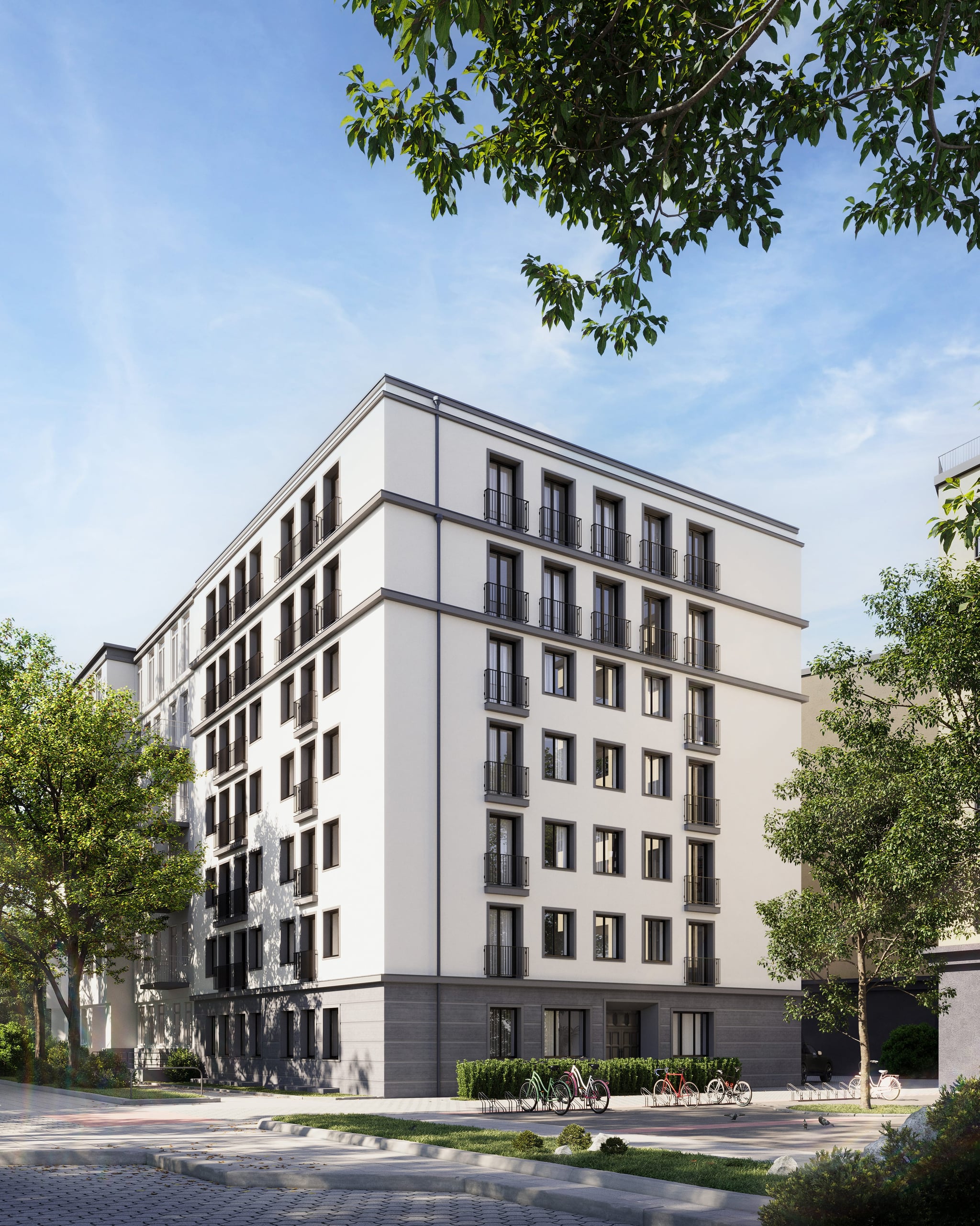 Außenansicht des Barcastraße Wohngebäudes mit moderner Fassade, großen Fenstern und Grünflächen in Hamburg. Außenansicht des Barcastraße Wohngebäudes mit moderner Fassade, großen Fenstern und Grünflächen in Hamburg.