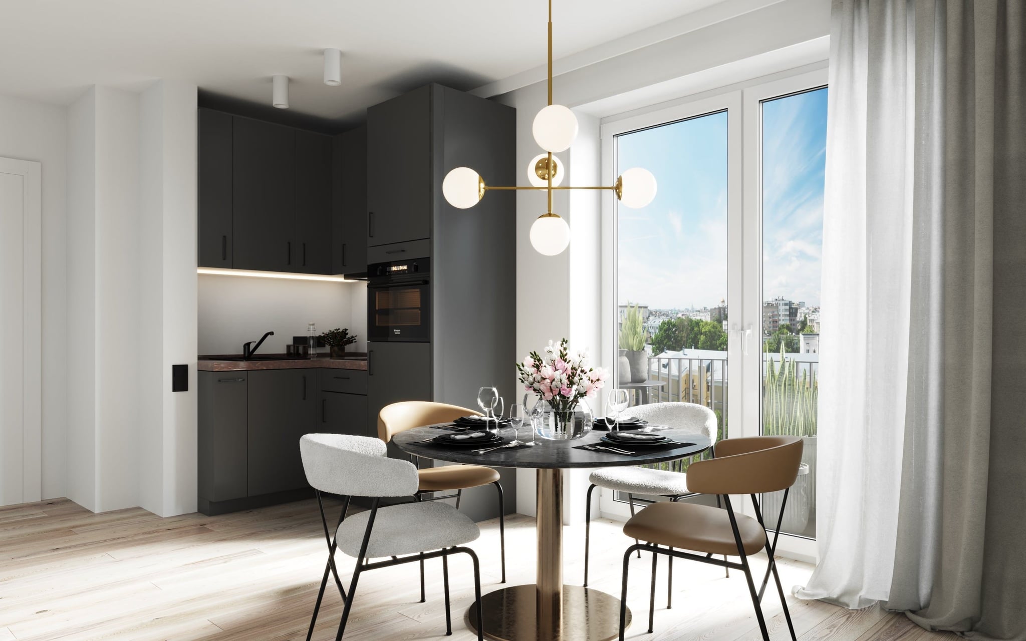 3D architectural Interior Visualization of dining space and kitchen in open space penthouse flat in multi family house in Hamburg Eimsbüttel, Germany 3D architectural Interior Visualization of dining space and kitchen in open space penthouse flat in multi family house in Hamburg Eimsbüttel, Germany