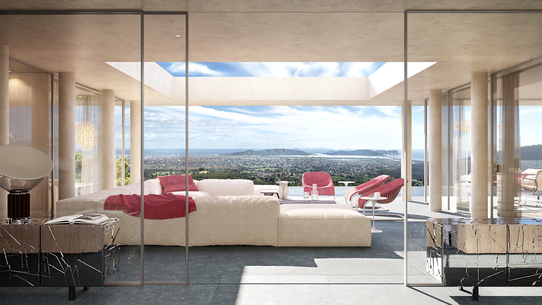 A photorealistic interior 3D visualization of the CanKoi villa's living space with elegant furnishings and panoramic views. A photorealistic interior 3D visualization of the CanKoi villa's living space with elegant furnishings and panoramic views.