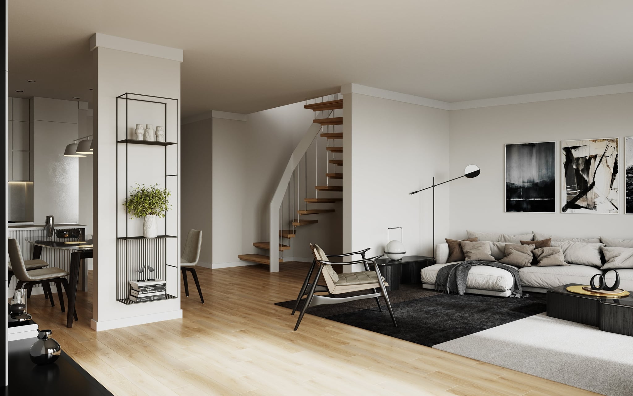 3D Interior Visualization of living room with kitchen and wooden staircase in Norderstedt Germany 3D Interior Visualization of living room with kitchen and wooden staircase in Norderstedt Germany