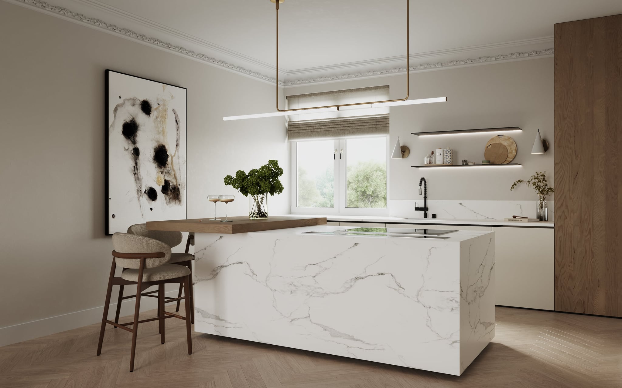 3D Interior Visualization of renovation of kitchen with island in old building apartment, Hamburg Germany 3D Interior Visualization of renovation of kitchen with island in old building apartment, Hamburg Germany