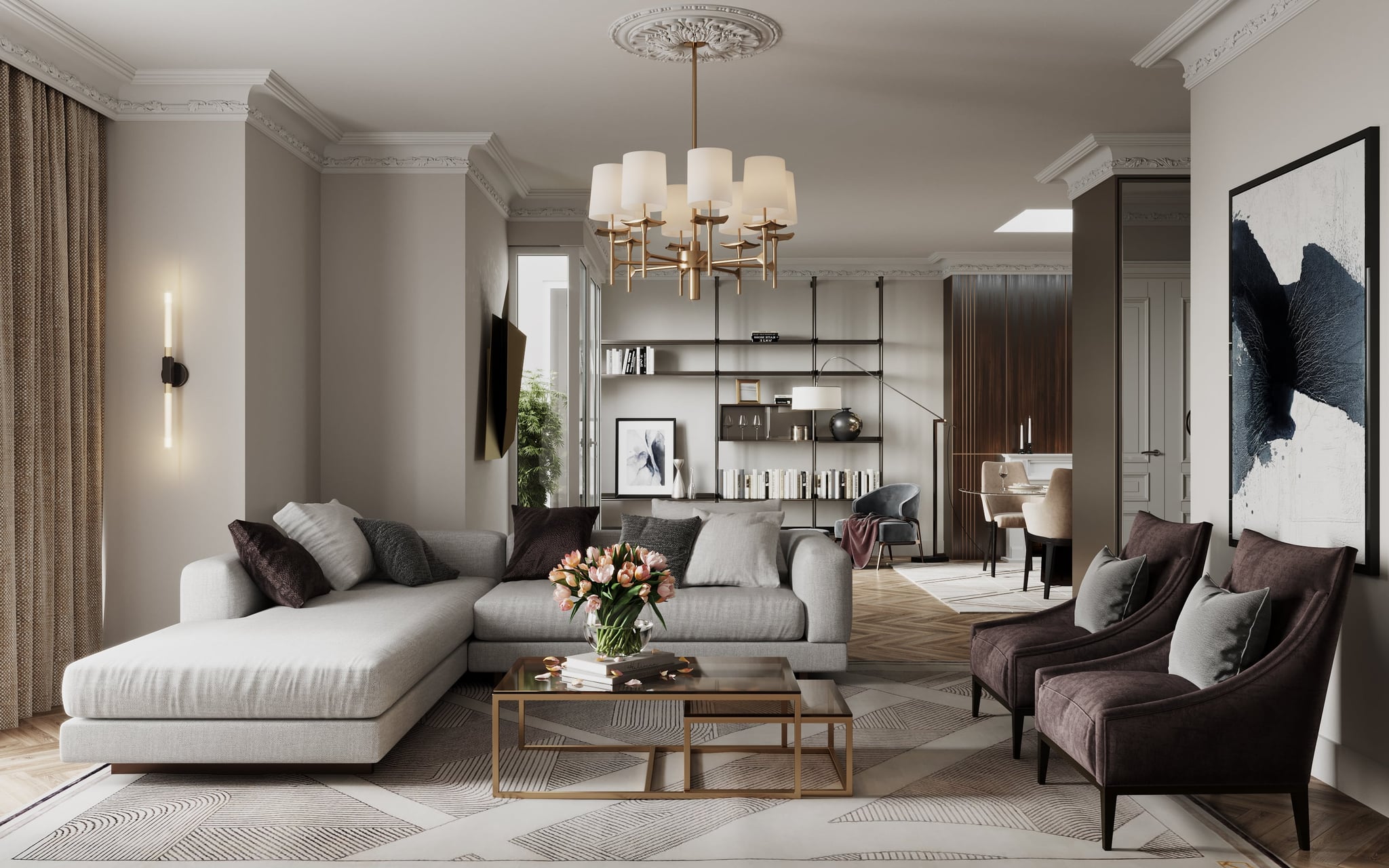3D architectural Visualization of living room with library in renovated old building apartment, Hamburg Germany 3D architectural Visualization of living room with library in renovated old building apartment, Hamburg Germany