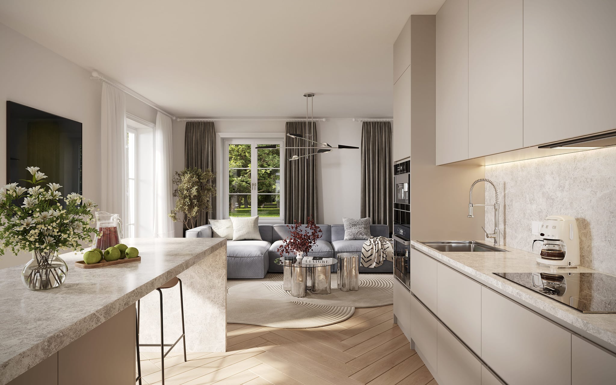 Modern open-plan kitchen and living area in a residential project in Erlangen, featuring beige cabinets, light stone countertops, and a soft neutral color palette. Modern open-plan kitchen and living area in a residential project in Erlangen, featuring beige cabinets, light stone countertops, and a soft neutral color palette.
