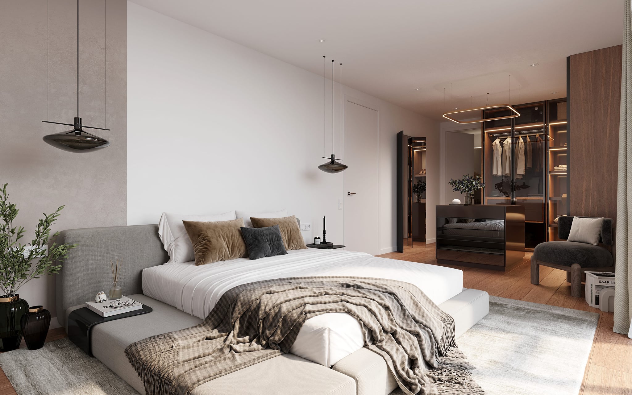 Visualisierung des Hauptschlafzimmers mit minimalistischem Design, weichen Textilien und begehbarem Kleiderschrank für eine gemütliche und elegante Atmosphäre. Visualisierung des Hauptschlafzimmers mit minimalistischem Design, weichen Textilien und begehbarem Kleiderschrank für eine gemütliche und elegante Atmosphäre.