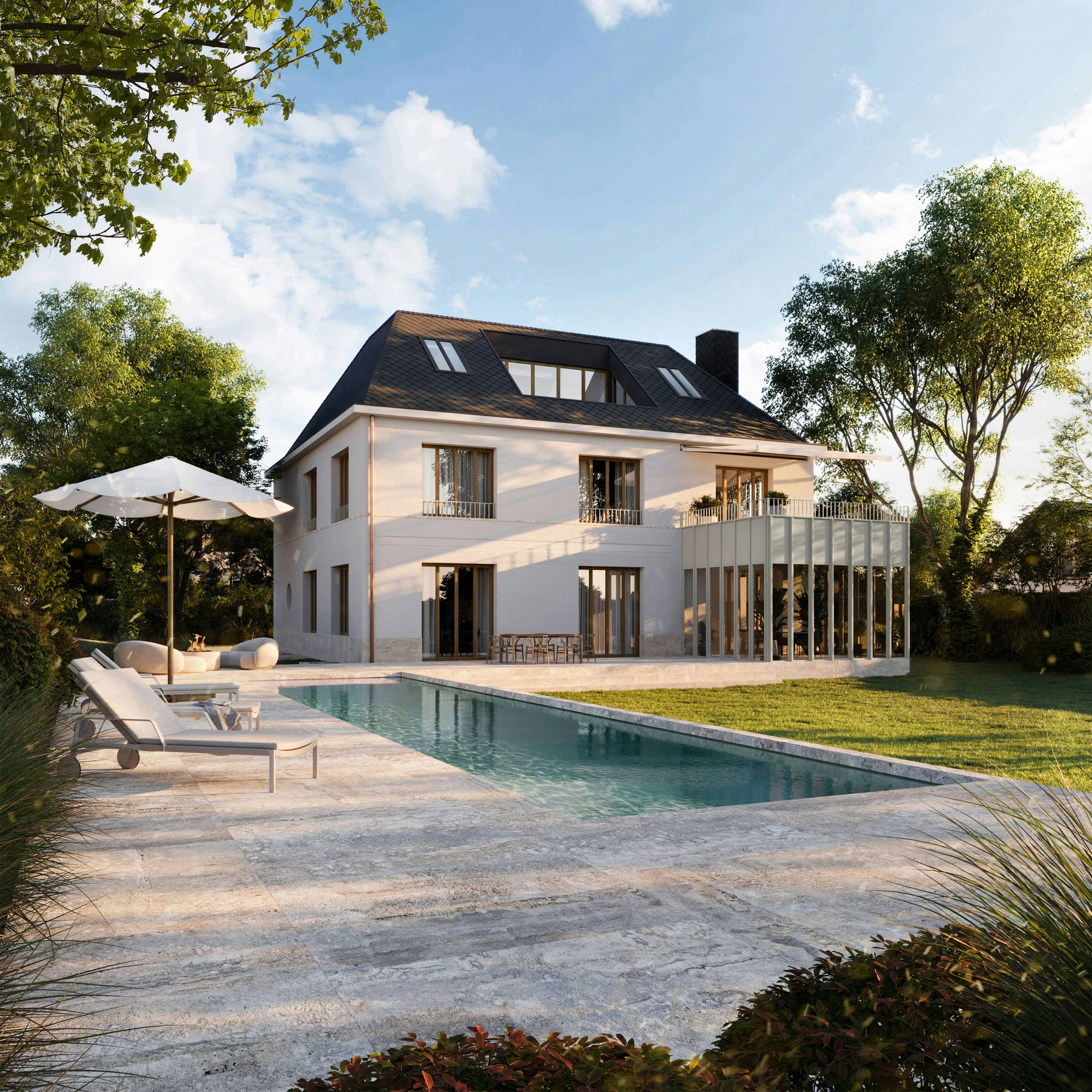3D Außenvisualisierung Familienhaus mit Terrasse München Deutschland