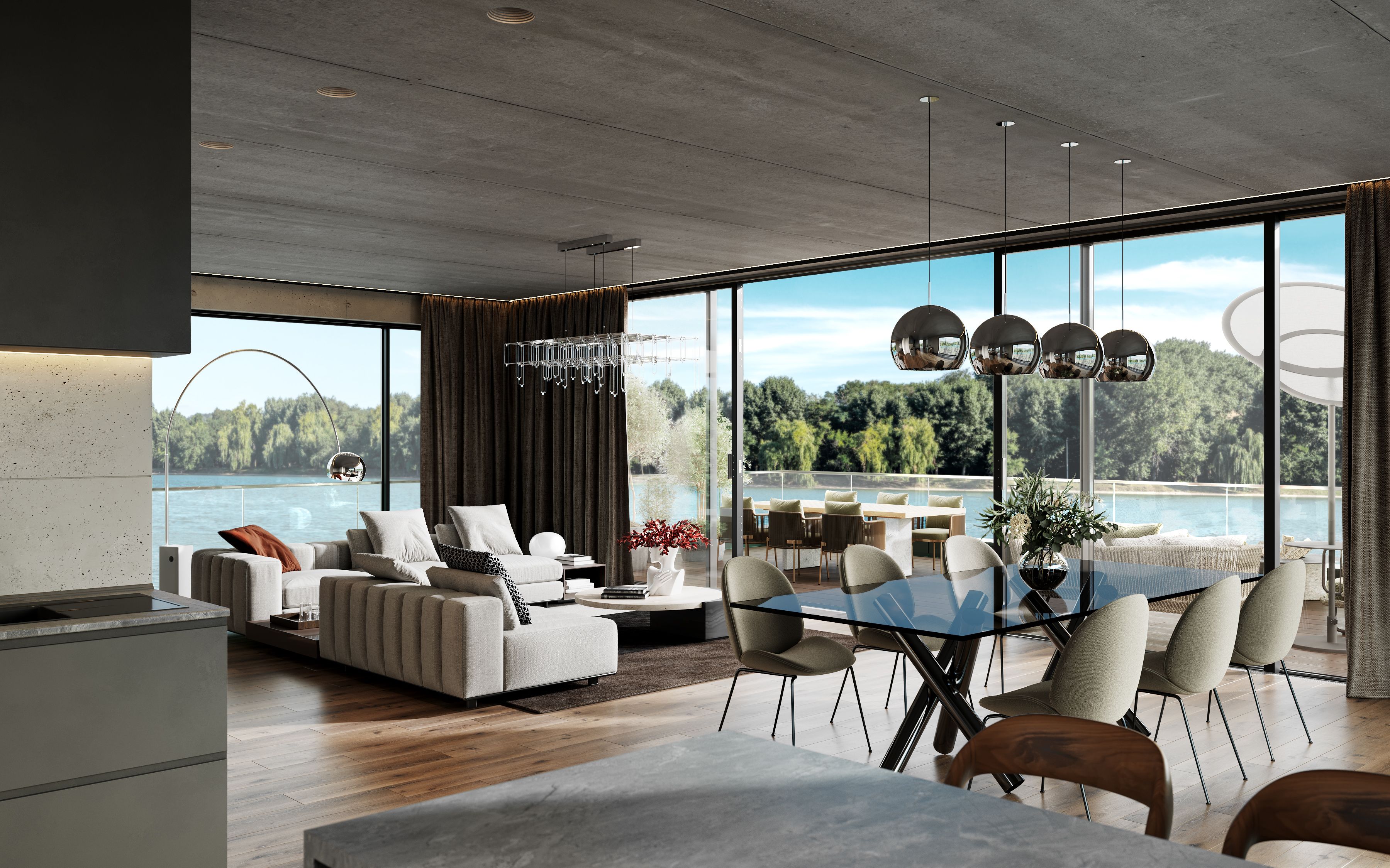 3D Interior Architectural Visualization of the luxurious apartment with the open space layout and modern furniture on the Tegel lake in Berlin Germany 3D Interior Architectural Visualization of the luxurious apartment with the open space layout and modern furniture on the Tegel lake in Berlin Germany