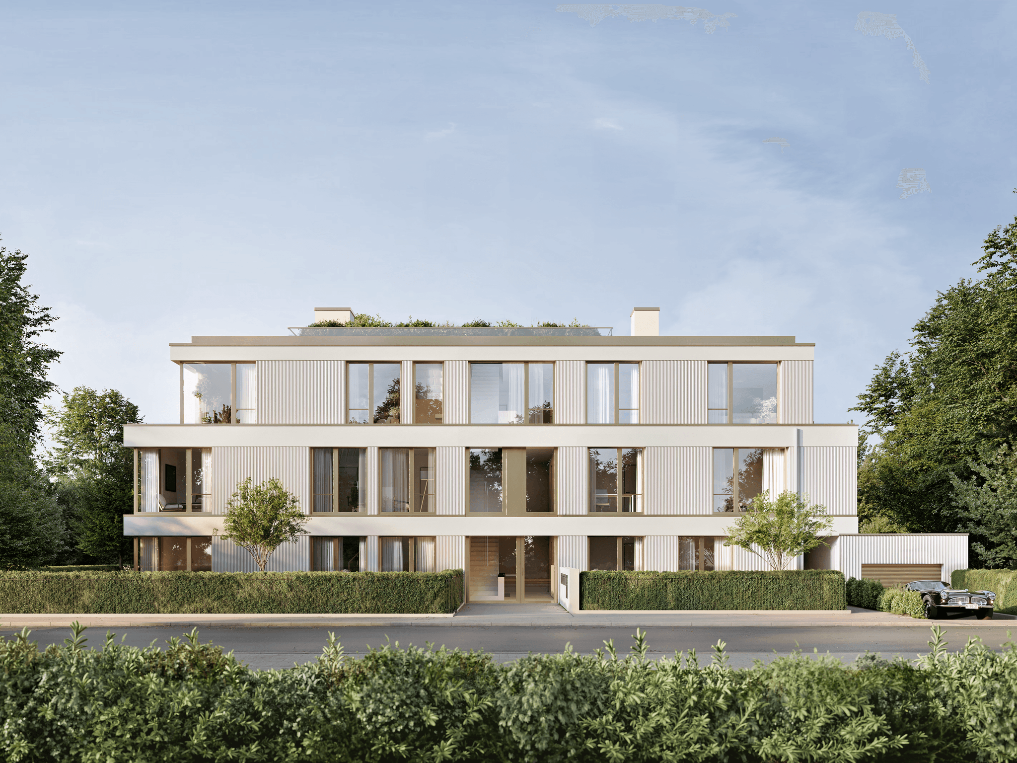 Frontansicht von Edition SB 25 in München mit klarer, heller Fassade und Hecken entlang der Straße. Frontansicht von Edition SB 25 in München mit klarer, heller Fassade und Hecken entlang der Straße.