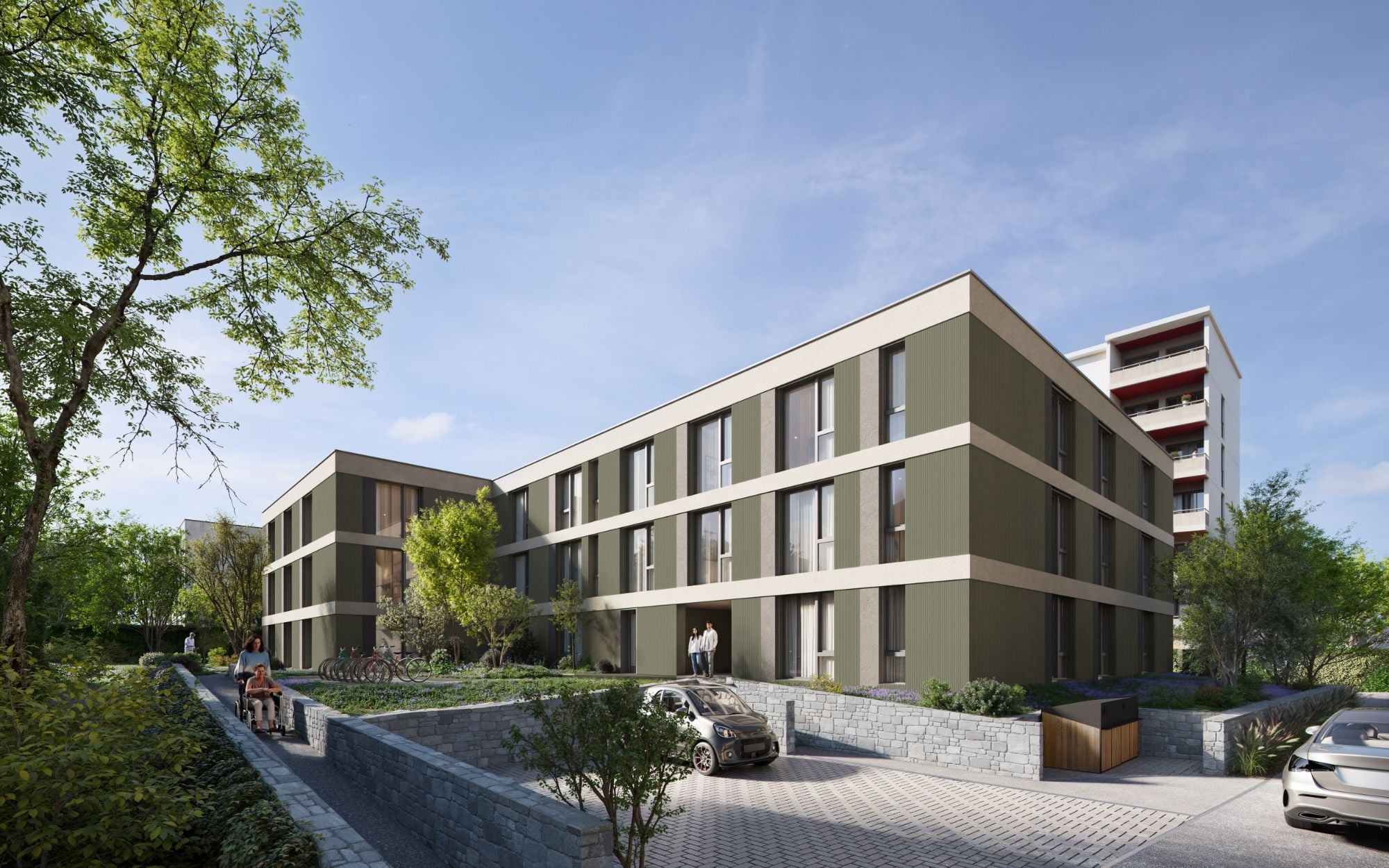 Rückansicht von Aventis Neuenhof mit Parkplatz, Fahrradständern und Begrünung rund um das moderne Wohngebäude. Rückansicht von Aventis Neuenhof mit Parkplatz, Fahrradständern und Begrünung rund um das moderne Wohngebäude.