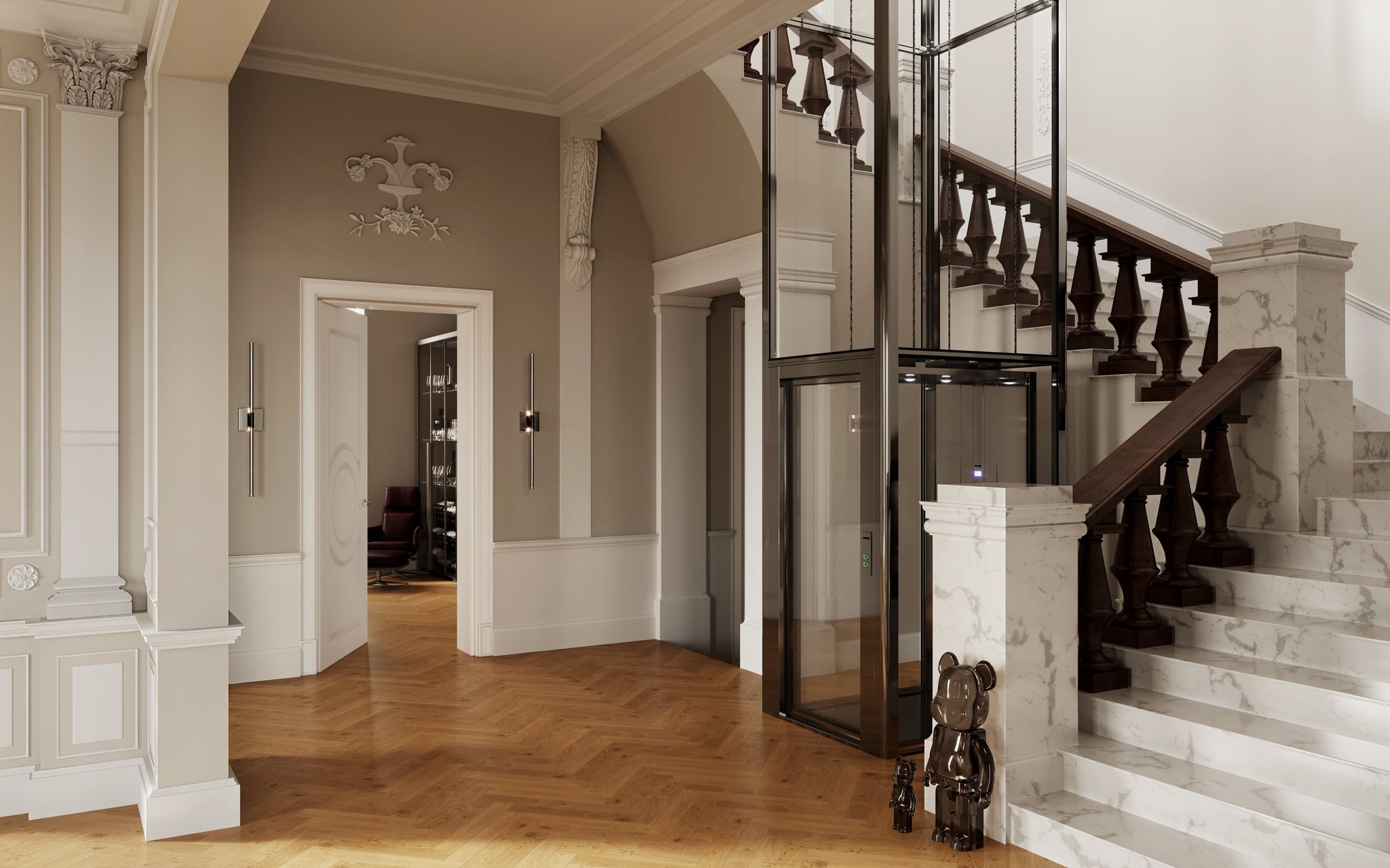 3D Architektur Innenvisualisierung eines Wohnzimmers mit Treppe in einer Privatvilla in Hamburg, Deutschland 3D Architektur Innenvisualisierung eines Wohnzimmers mit Treppe in einer Privatvilla in Hamburg, Deutschland