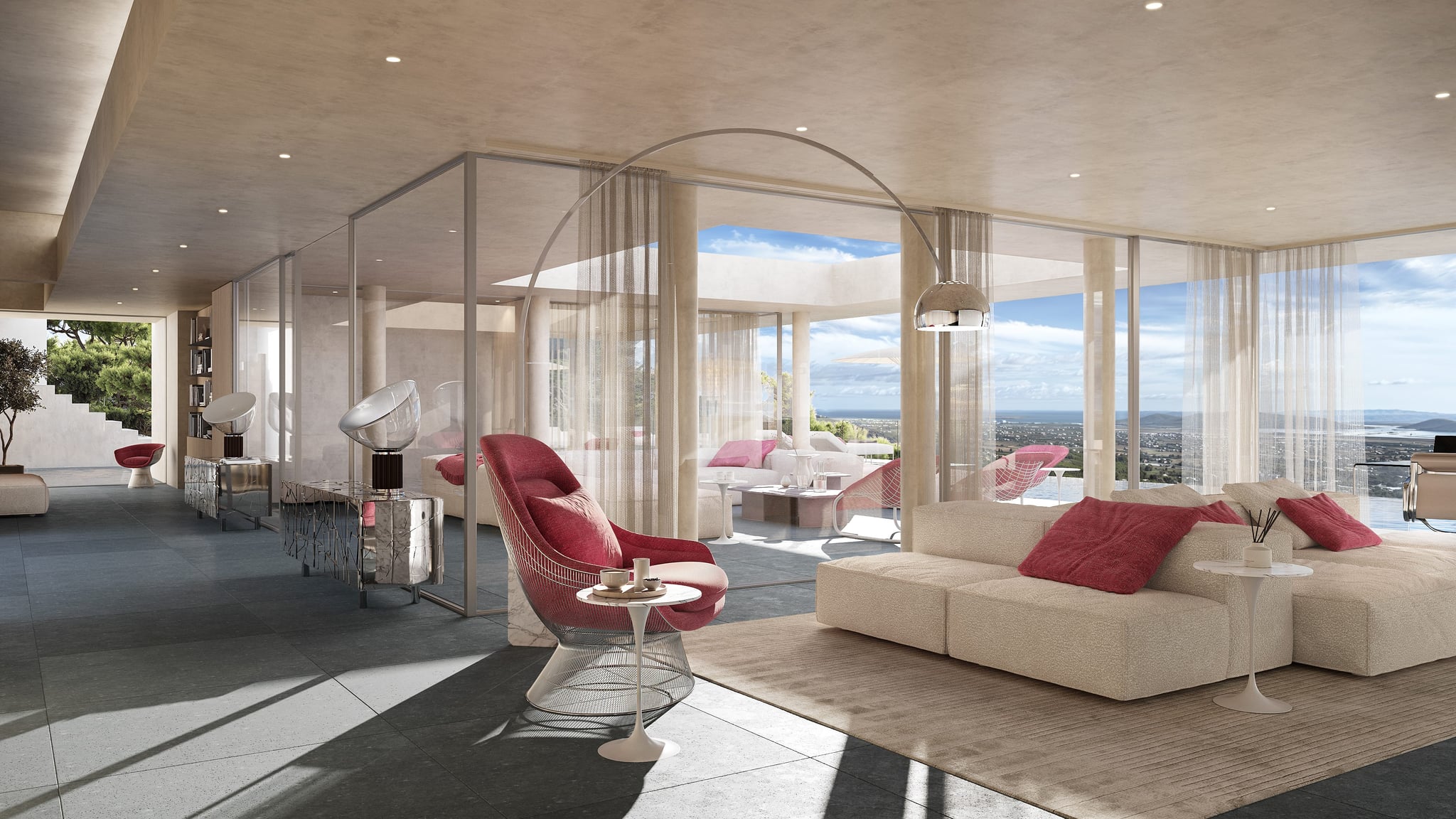 A photorealistic interior 3D visualization of the CanKoi villa's living space with elegant furnishings and panoramic views. A photorealistic interior 3D visualization of the CanKoi villa's living space with elegant furnishings and panoramic views.