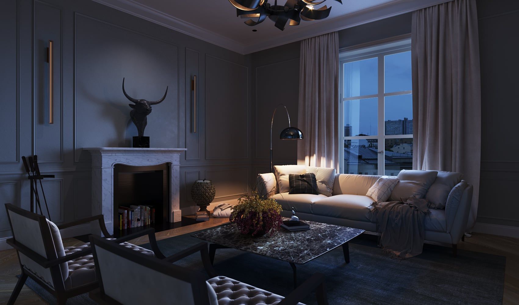 3D Innenvisualisierung des Wohnzimmers mit Kamin in der luxuriösen Altbau Wohnung im historischen Viertel in Hamburg, Deutschland 3D Innenvisualisierung des Wohnzimmers mit Kamin in der luxuriösen Altbau Wohnung im historischen Viertel in Hamburg, Deutschland