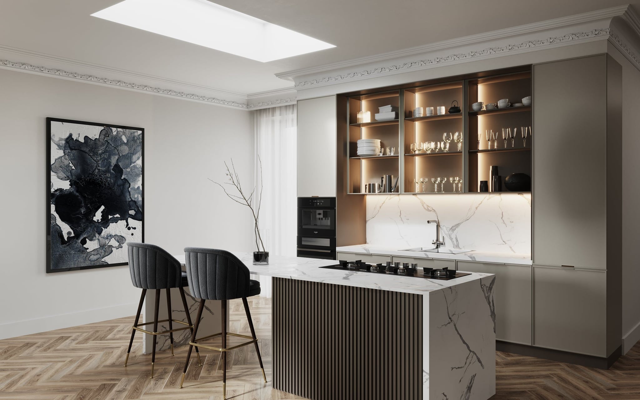 3D architectural Visualization of open space kitchen with island in renovated old building apartment, Hamburg Germany 3D architectural Visualization of open space kitchen with island in renovated old building apartment, Hamburg Germany
