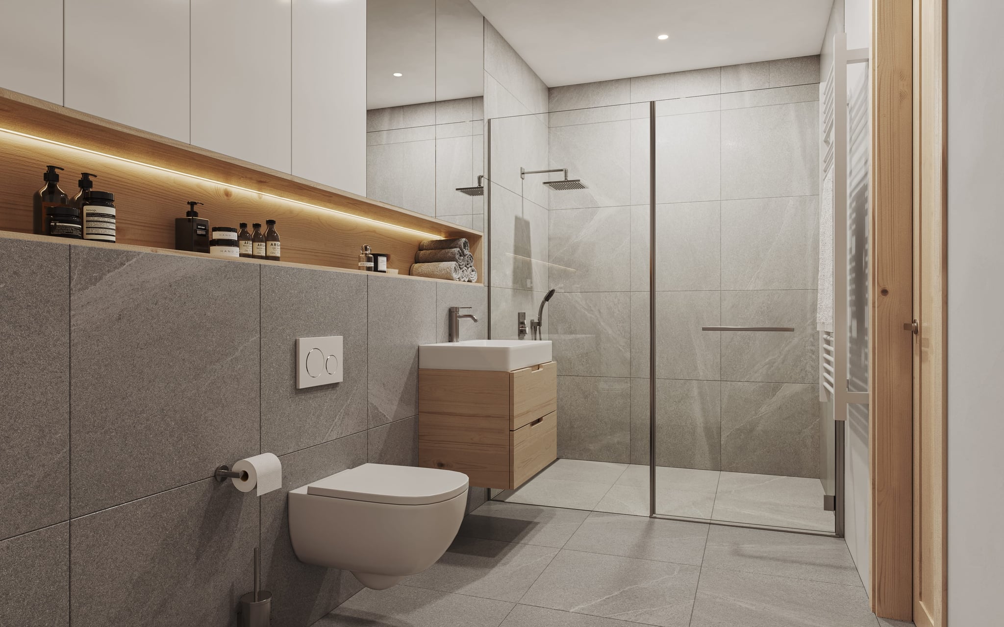 Badvisualisierung mit bodengleicher Dusche und Holzdetails im Zenznhof, erste Variante Badvisualisierung mit bodengleicher Dusche und Holzdetails im Zenznhof, erste Variante