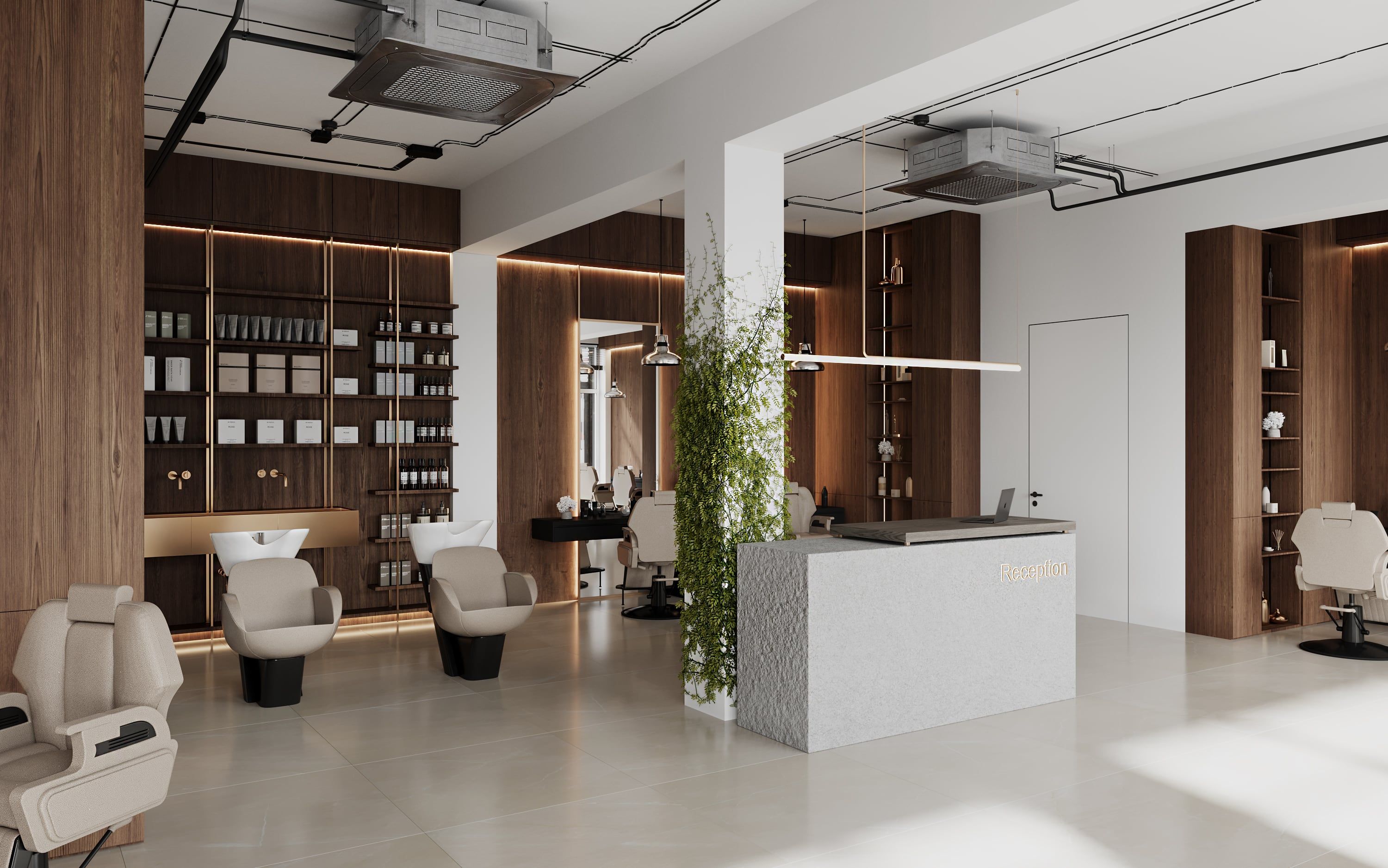 3D Interior Visualization of the hair salon with the design concept in Hilden, Germany 3D Interior Visualization of the hair salon with the design concept in Hilden, Germany
