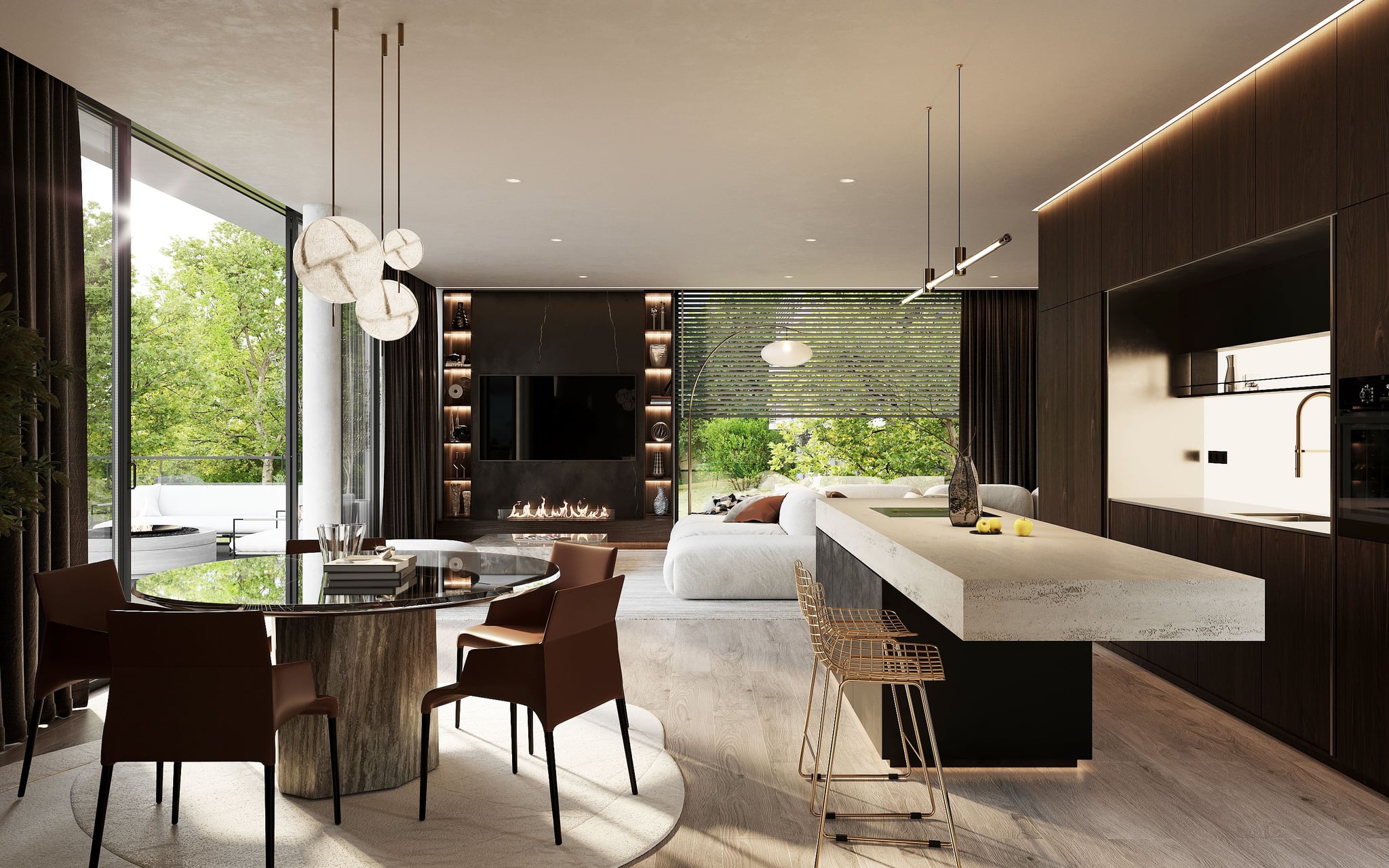 Luxuriöser, offener Wohnraum in der Trabener-Wohnung, mit modernen Möbeln und großen Fenstern, die eine nahtlose Verbindung zur Außenwelt bieten. Luxuriöser, offener Wohnraum in der Trabener-Wohnung, mit modernen Möbeln und großen Fenstern, die eine nahtlose Verbindung zur Außenwelt bieten.