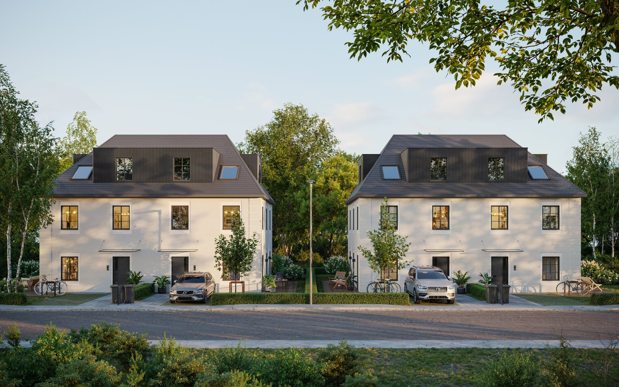 Street-level exterior visualization of two twin townhouses in Erlangen, with landscaped front gardens, modern dormers, and parked vehicles. Street-level exterior visualization of two twin townhouses in Erlangen, with landscaped front gardens, modern dormers, and parked vehicles.