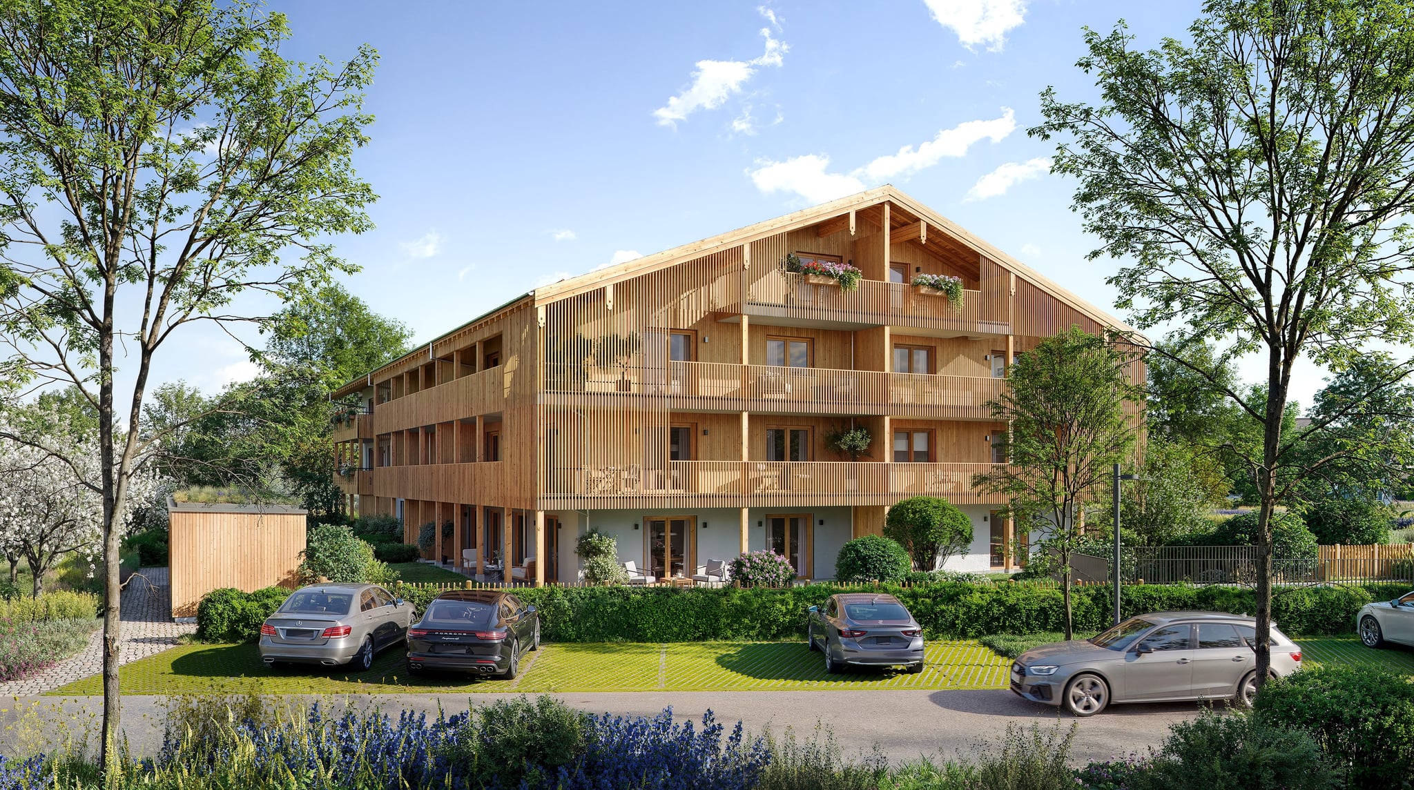 Zenznhof in Amerang: Giebelseite mit Holzfassade und begrüntem Vorplatz Zenznhof in Amerang: Giebelseite mit Holzfassade und begrüntem Vorplatz