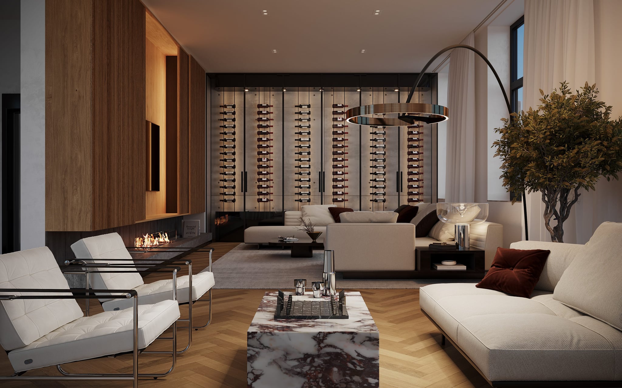 3D rendering of a living room interior in the Kreuzgasse multifamily housing project, featuring modern furnishings and large windows with natural light. 3D rendering of a living room interior in the Kreuzgasse multifamily housing project, featuring modern furnishings and large windows with natural light.