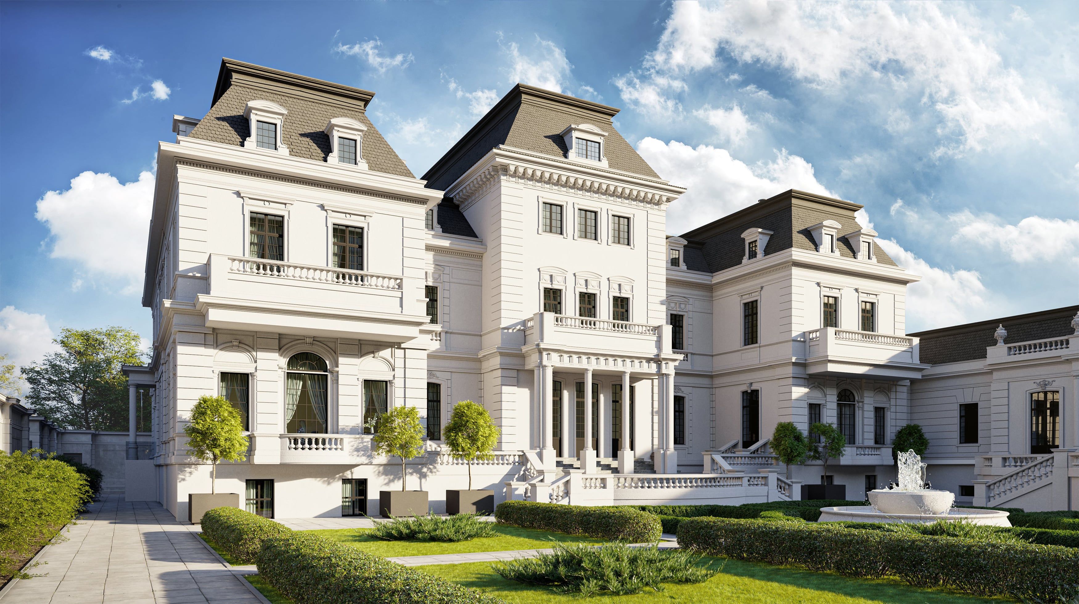 3D Architektur Außenvisualisierung des klassischen privaten Herrenhauses mit französischem Garten in Potsdam, Deutschland 3D Architektur Außenvisualisierung des klassischen privaten Herrenhauses mit französischem Garten in Potsdam, Deutschland