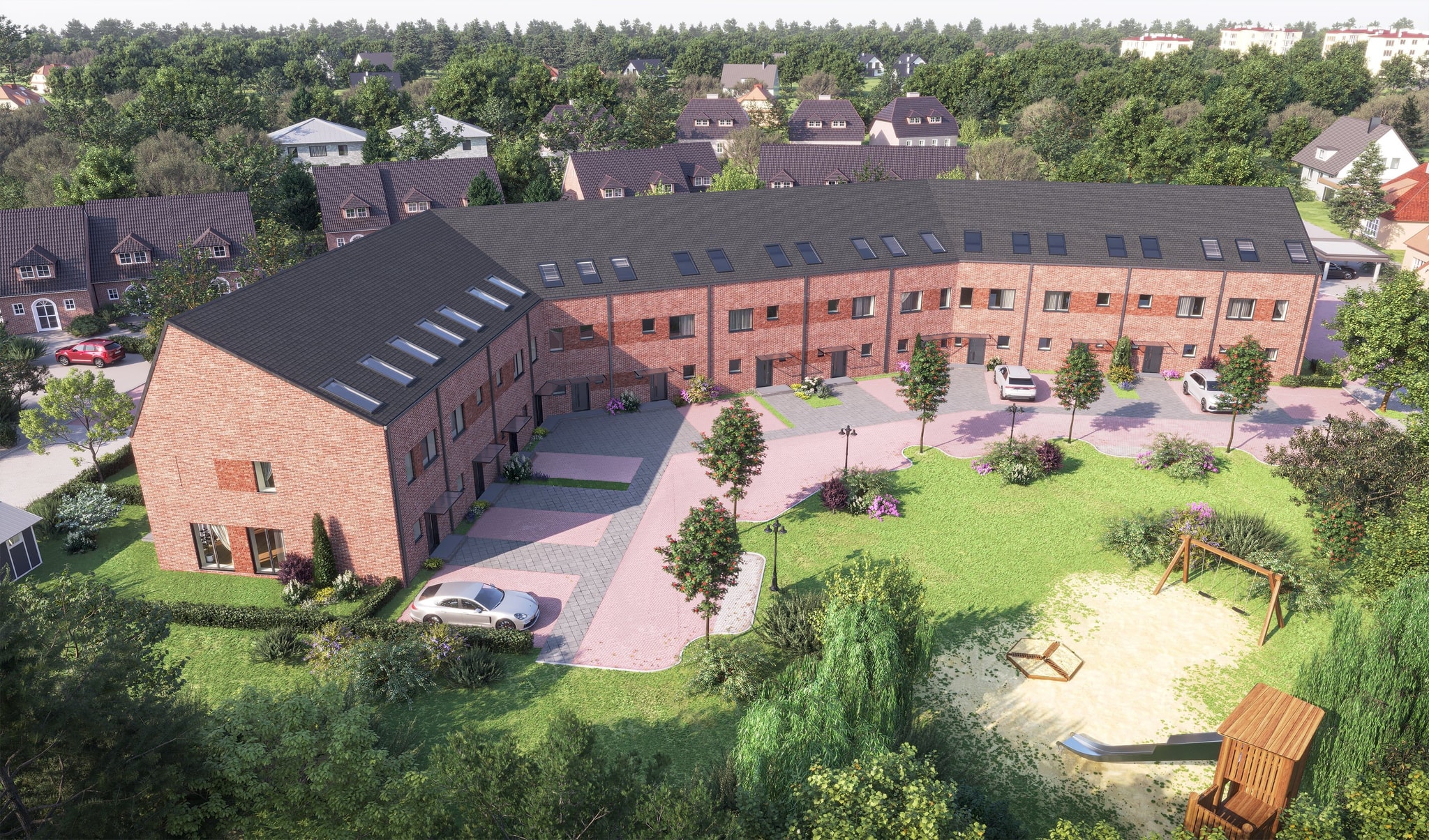 3D Exterior Visualization if the townhouses with a parking spaces and a park with kids playground in Norderstedt Germany