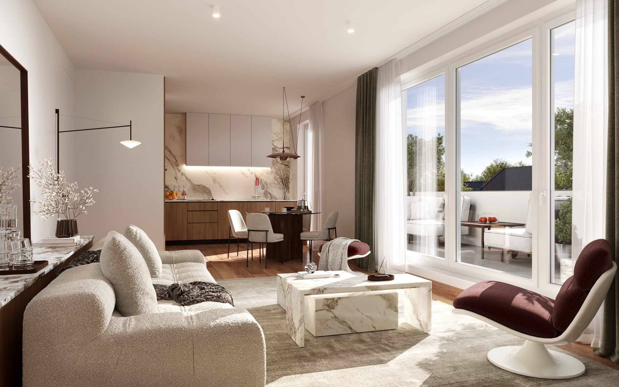 Offenes Wohnkonzept in einem Loft der Lutteroth Lofts mit eleganter Einrichtung, hellem Holzboden und hochwertigen Materialien. Offenes Wohnkonzept in einem Loft der Lutteroth Lofts mit eleganter Einrichtung, hellem Holzboden und hochwertigen Materialien.